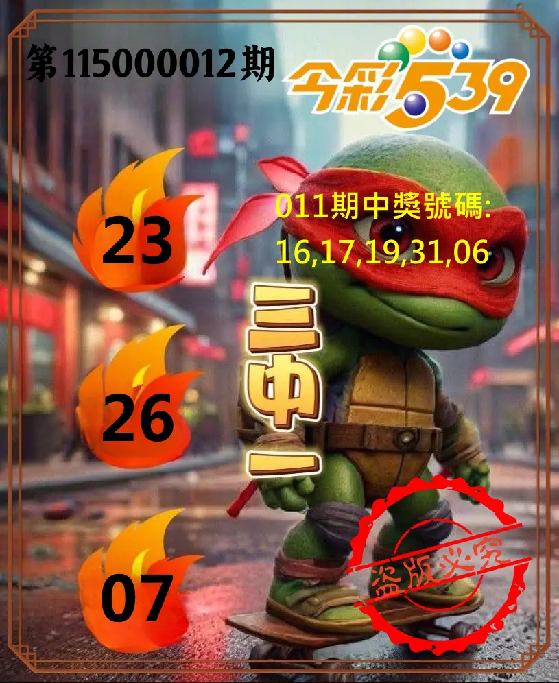 今彩539第115000012期(01/14)今彩539青蛙王子三中壹牌號預測
