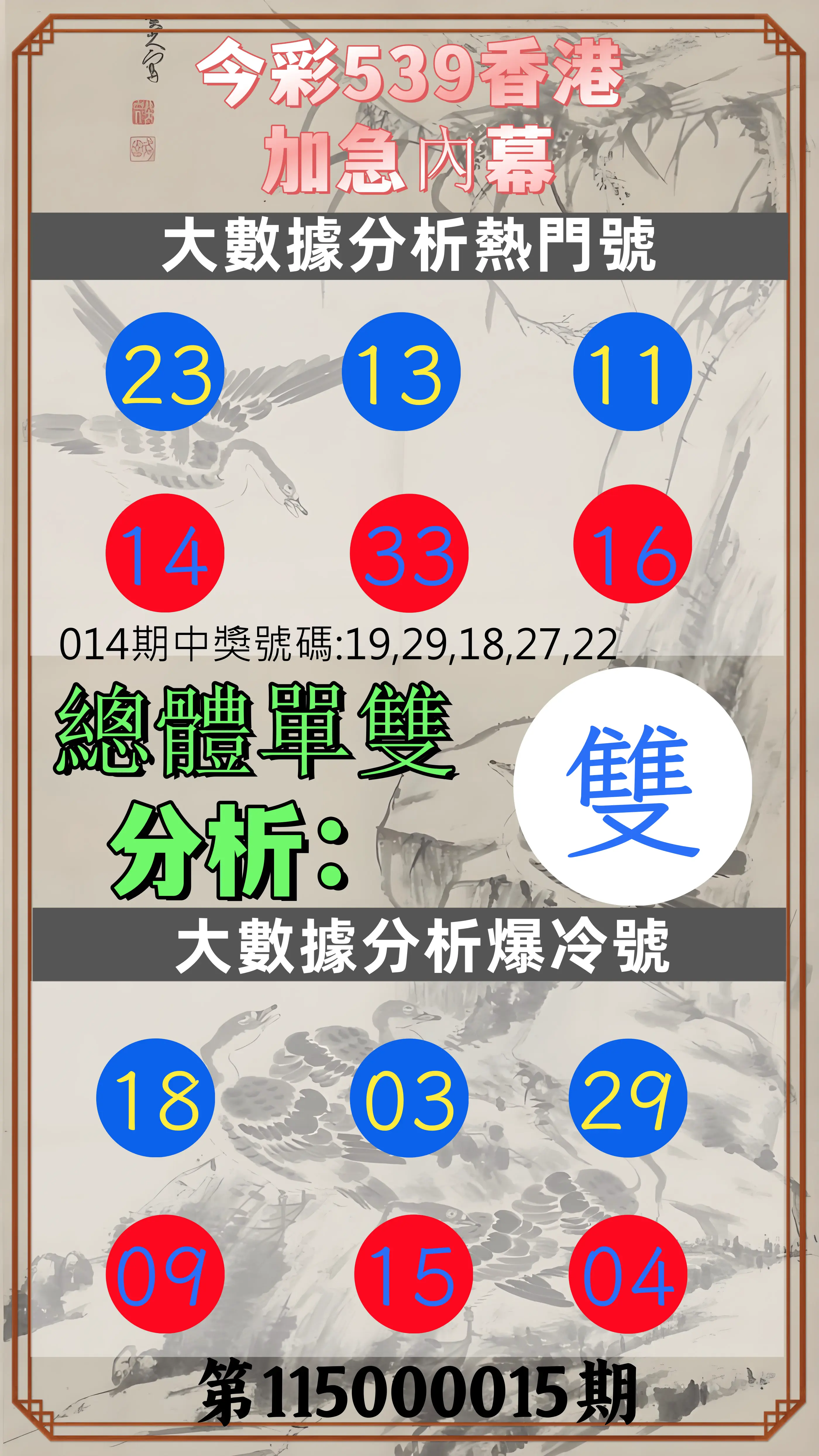 今彩539第115000015期(01/17)今彩539香港加急內幕