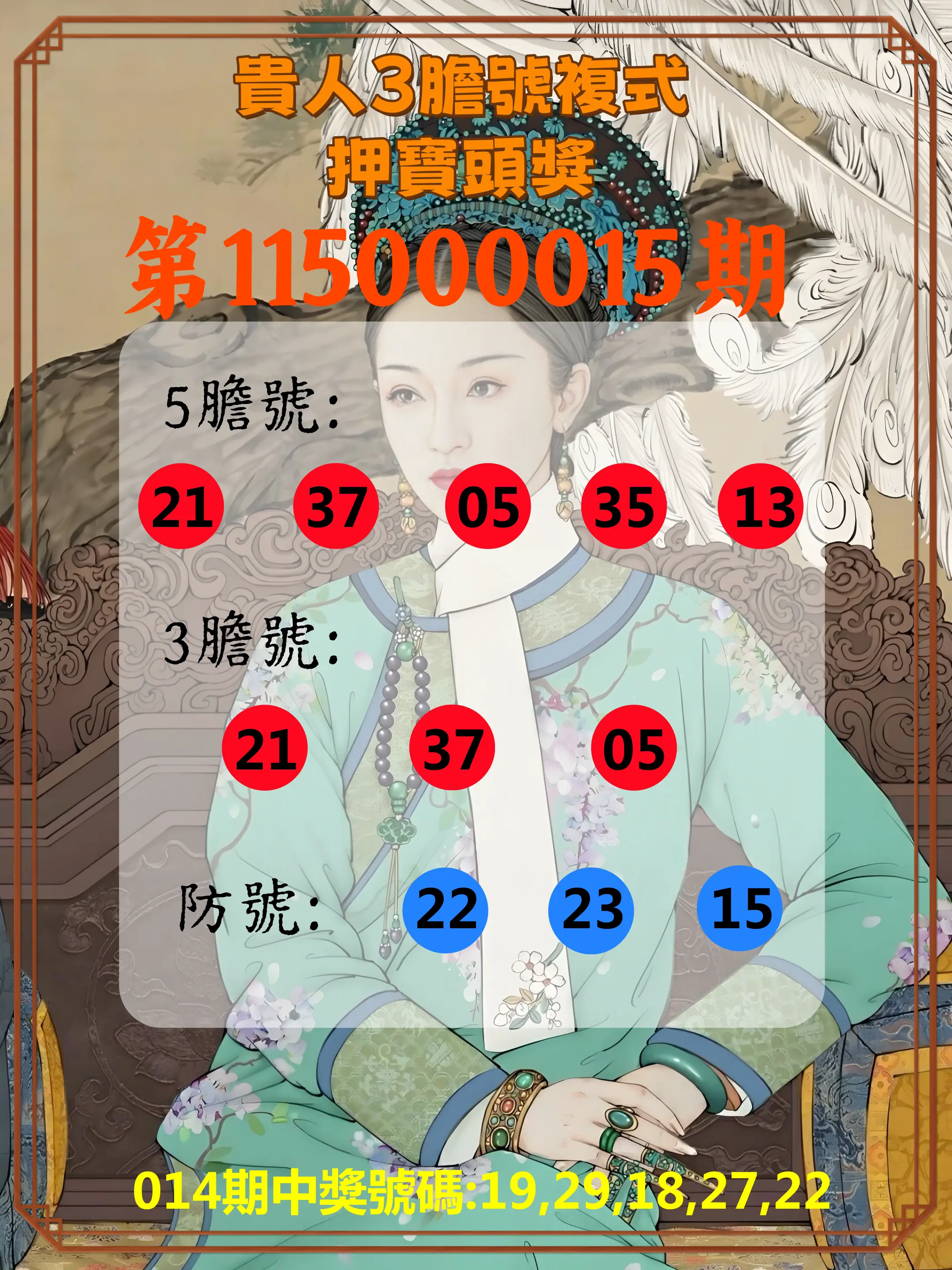 今彩539第115000015期(01/17)貴人3膽號複式押寶頭獎