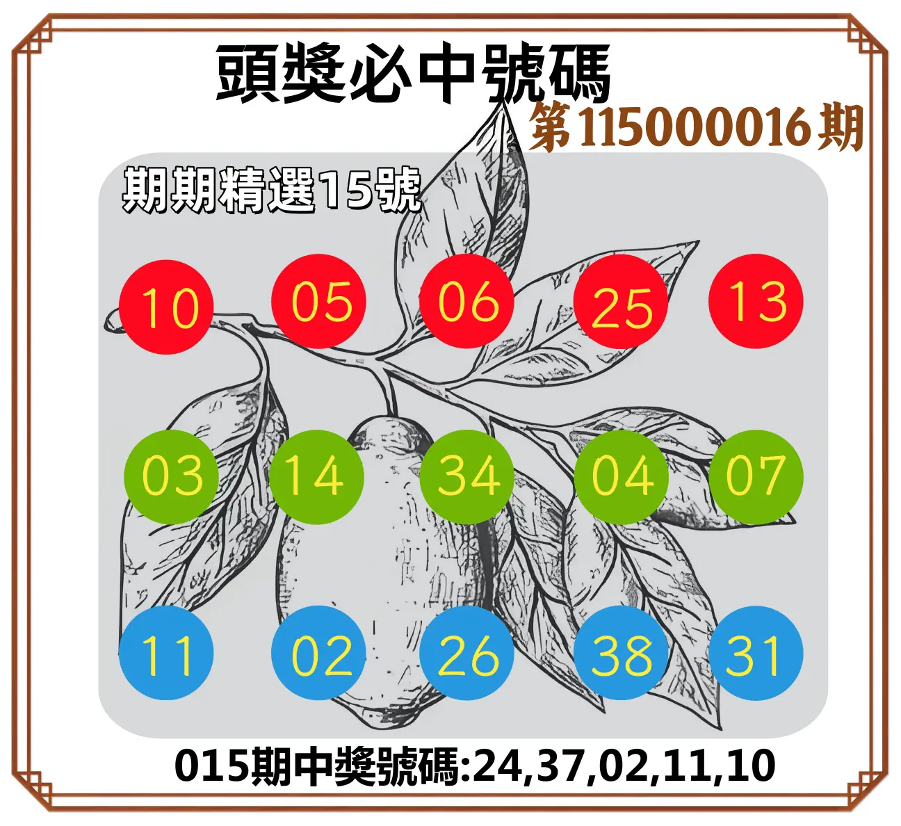 今彩539第115000016期(01/19)頭獎號碼