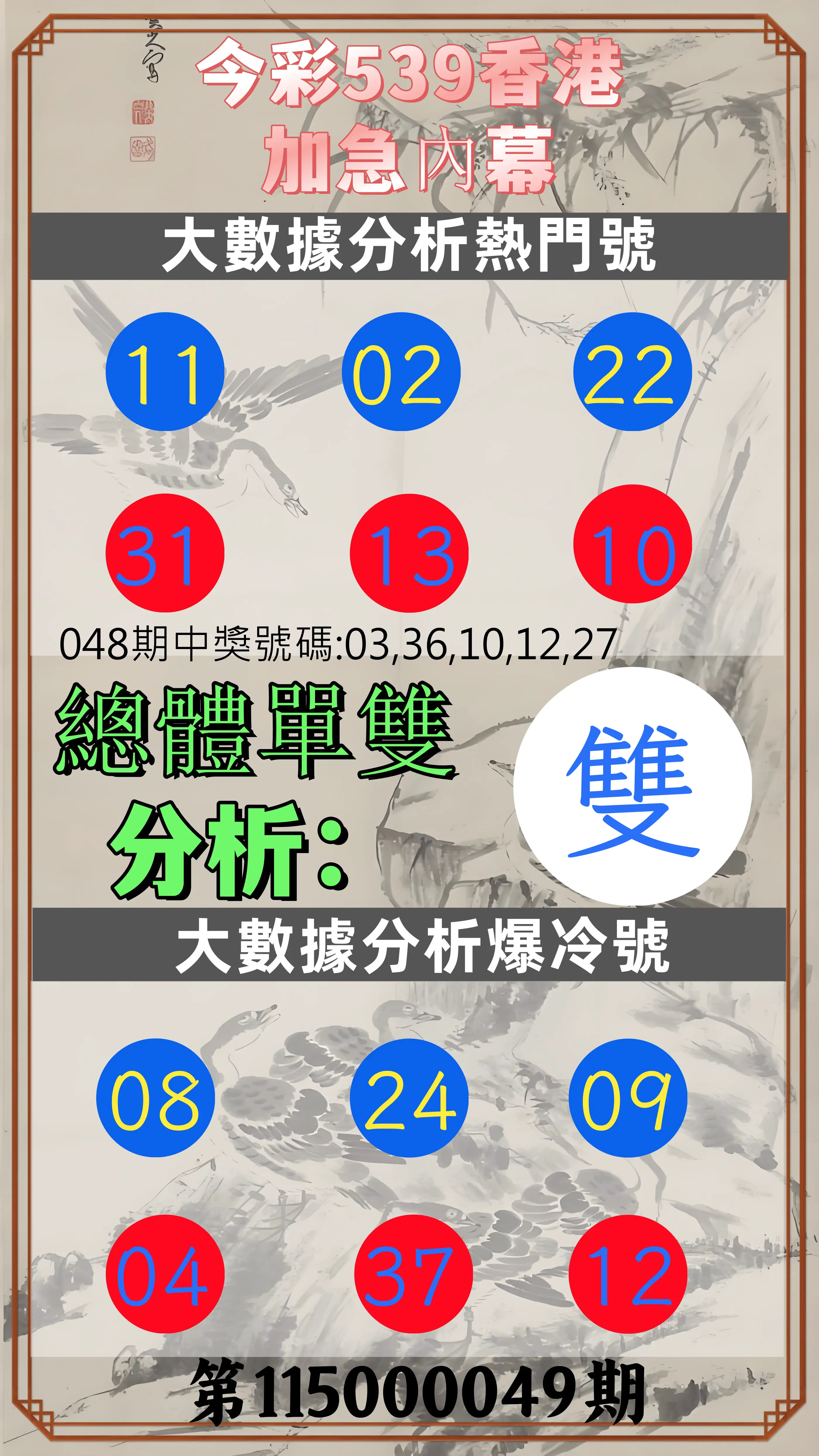 今彩539第115000049期(02/24)今彩539香港加急內幕