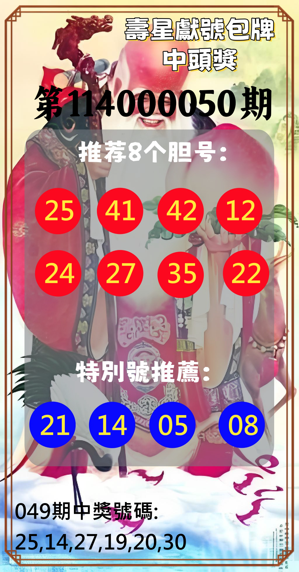 大樂透第114000050期壽星獻號包牌中頭獎