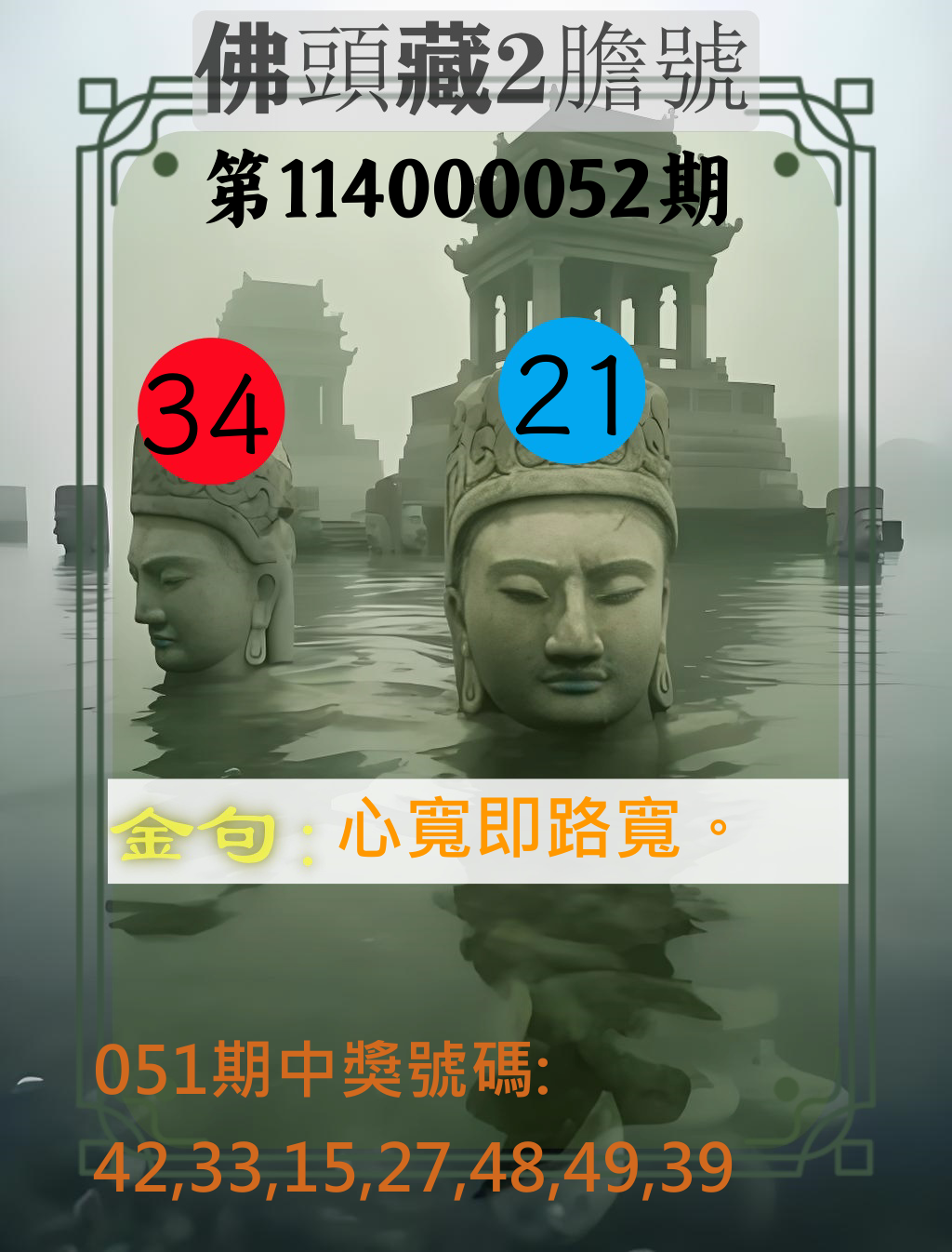 大樂透第114000052期佛頭藏2膽號