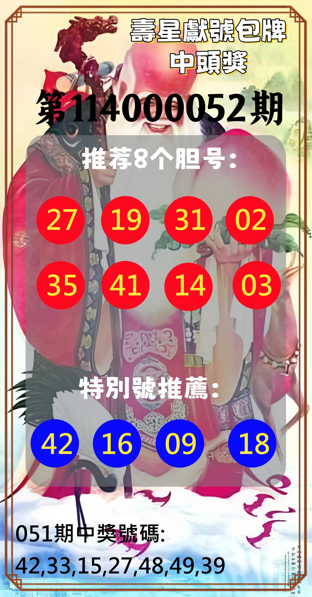 大樂透第114000052期壽星獻號包牌中頭獎