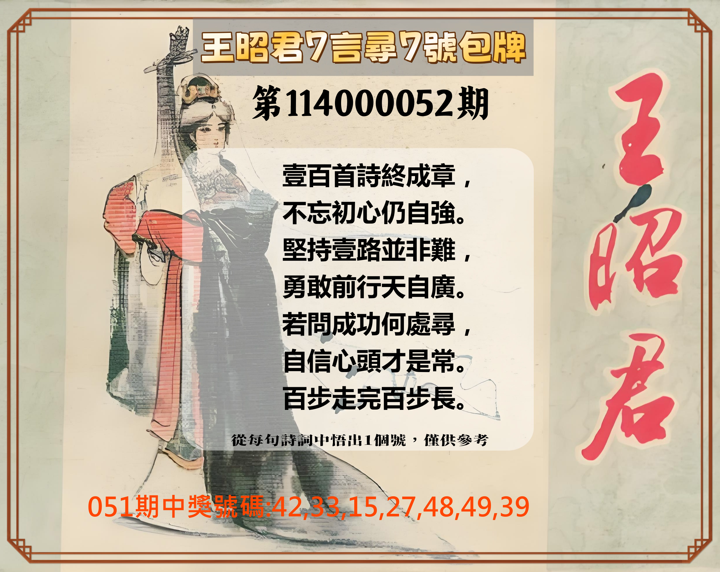 大樂透第114000052期王昭君7言尋7號包牌