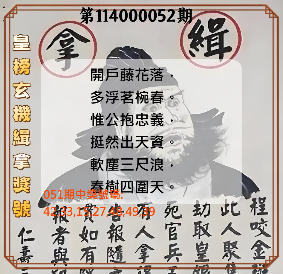 大樂透第114000052期皇榜玄機緝拿獎號