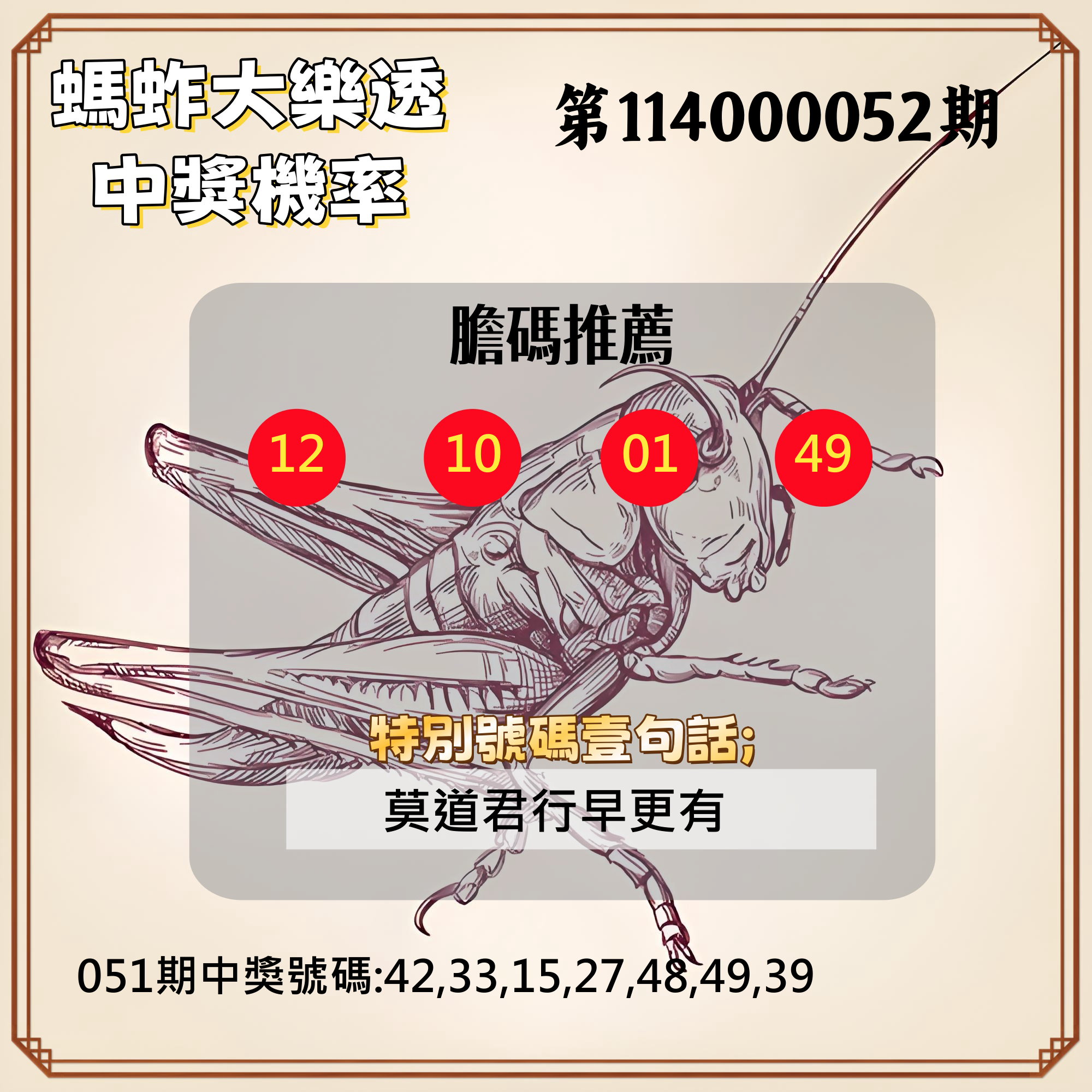 大樂透第114000052期螞蚱大樂透中獎機率