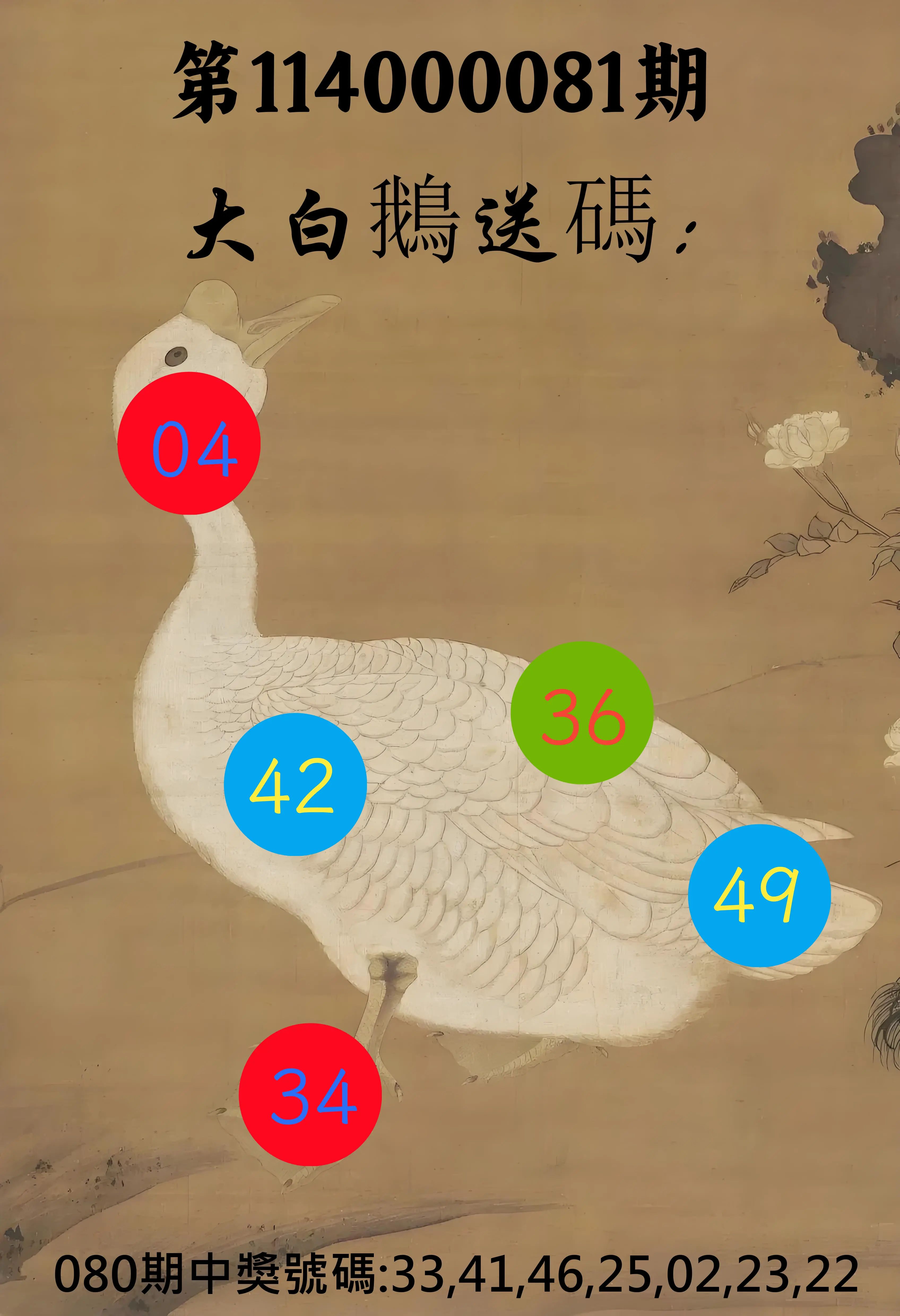 大樂透第114000081期(08/22)大白鵝送碼