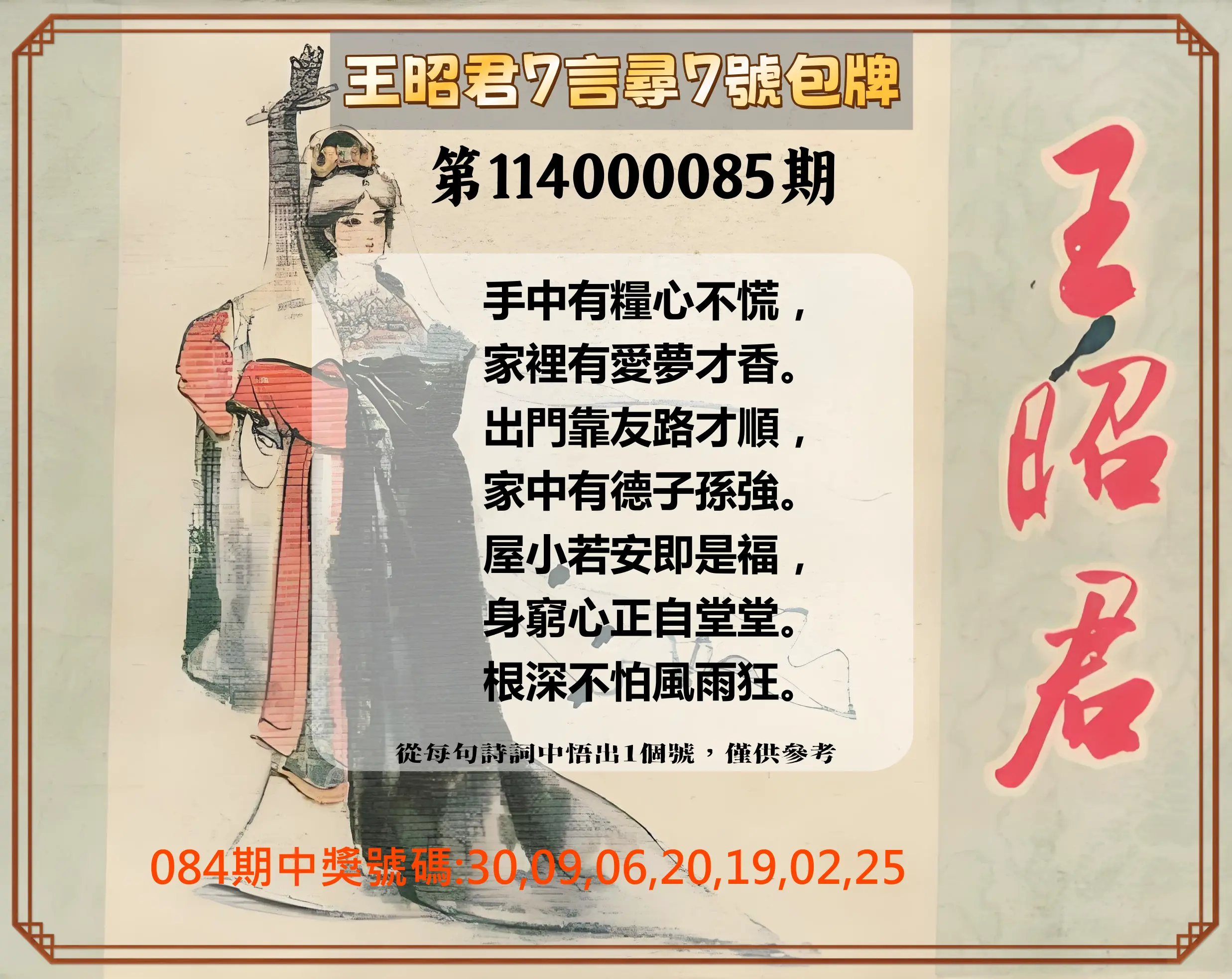 大樂透第114000085期(09/05)王昭君7言尋7號包牌