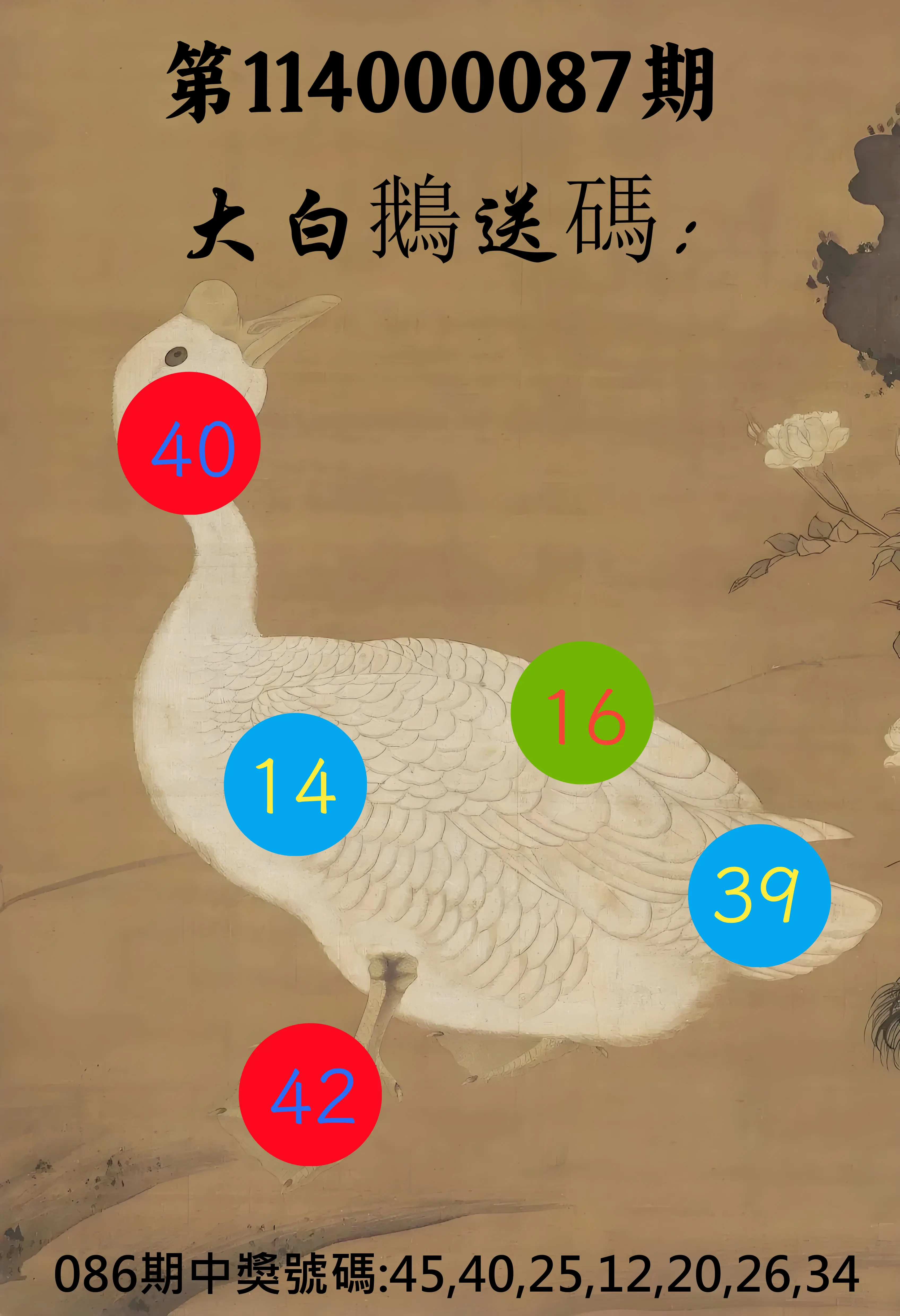 大樂透第114000087期(09/12)大白鵝送碼