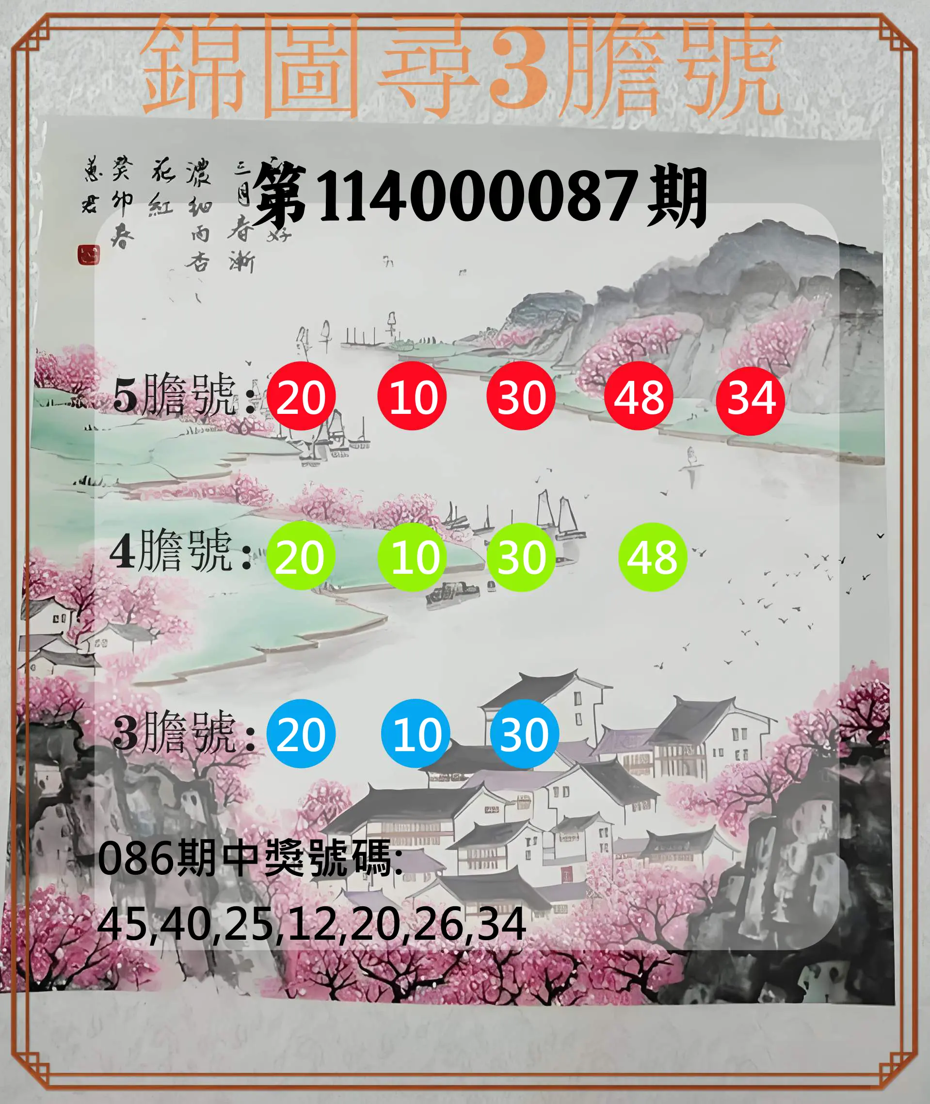 大樂透第114000087期(09/12)錦圖尋3膽號