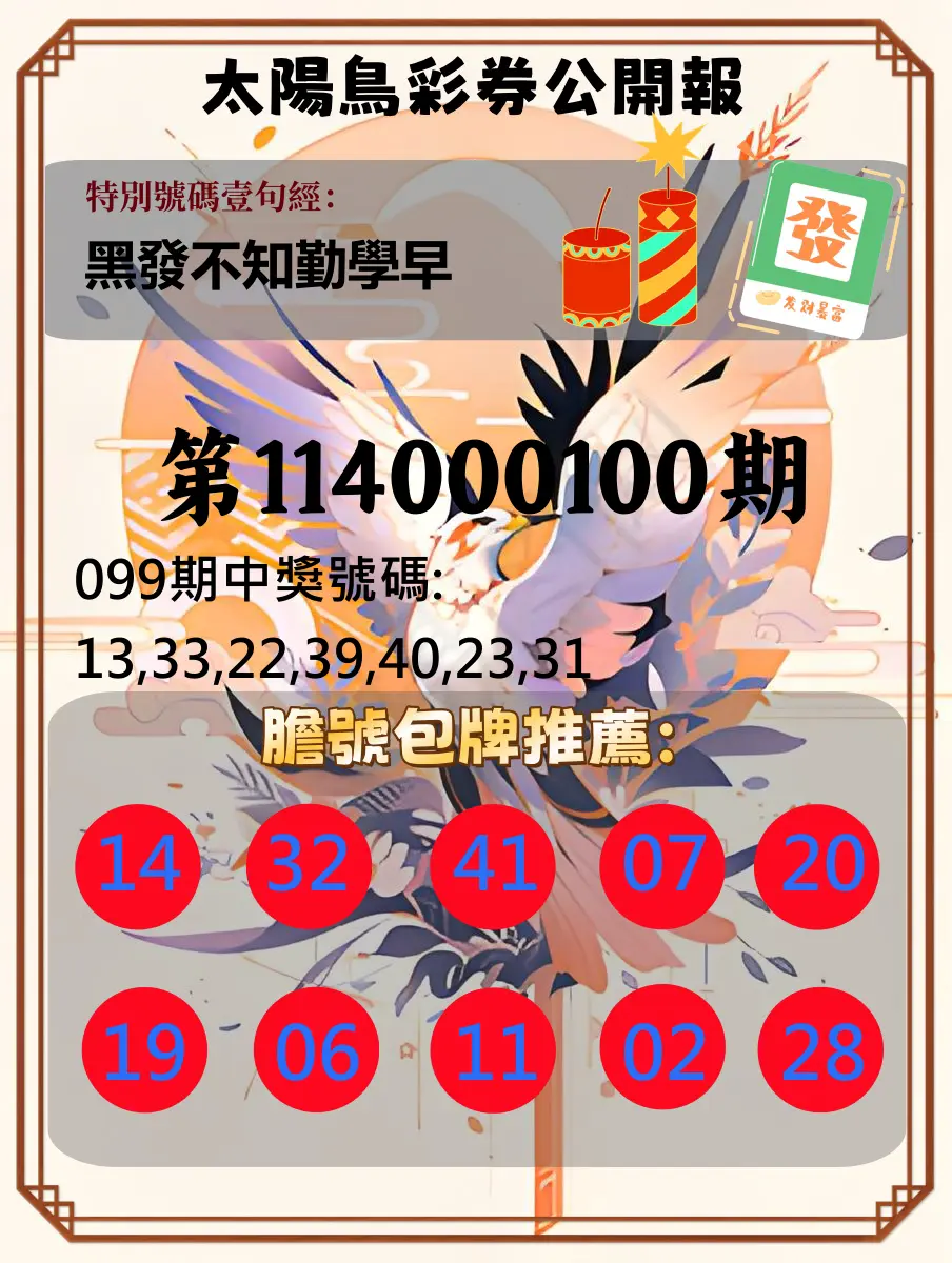大樂透第114000100期(10/28)太陽鳥彩券公開報