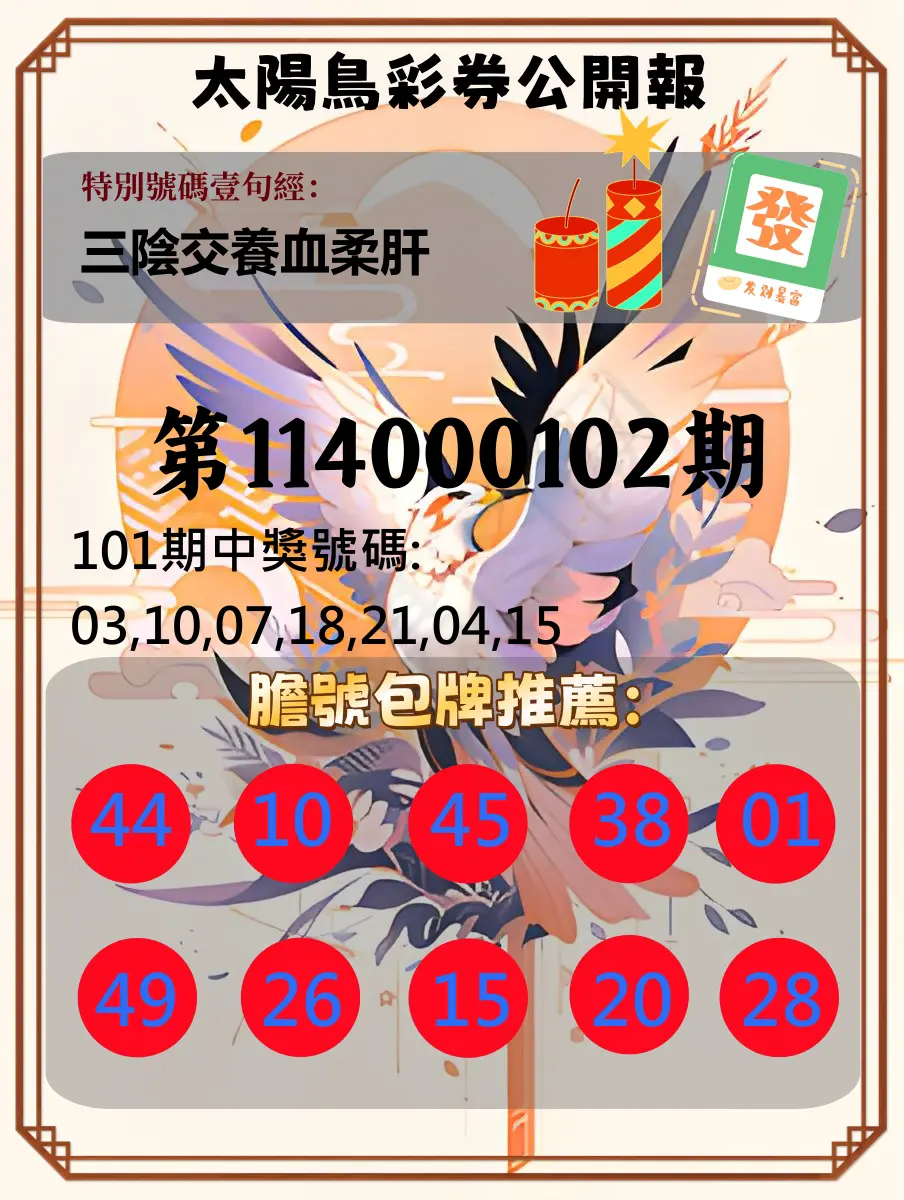 大樂透第114000102期(11/04)太陽鳥彩券公開報