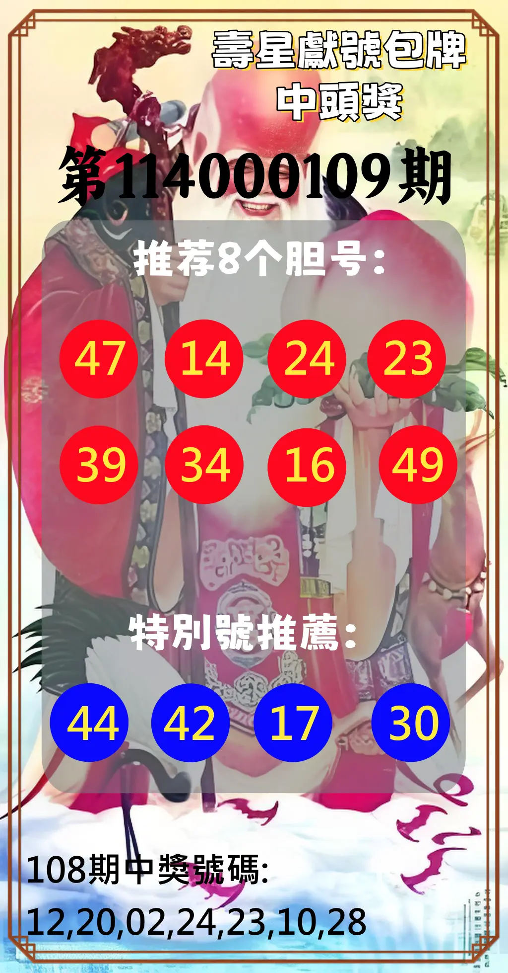 大樂透第114000109期(11/28)壽星獻號包牌中頭獎