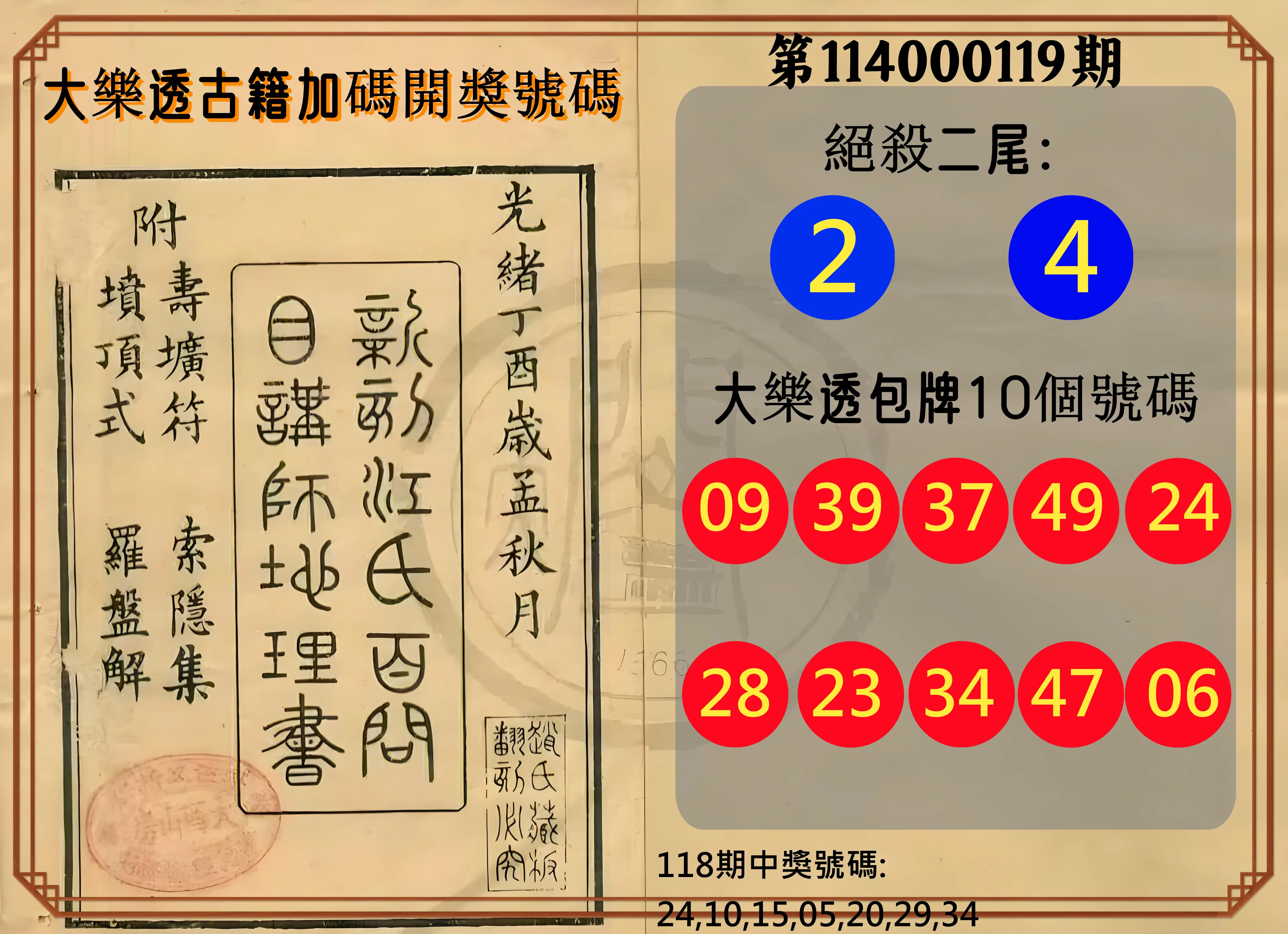 大樂透第114000119期(01/02)大樂透古籍加碼開獎號碼