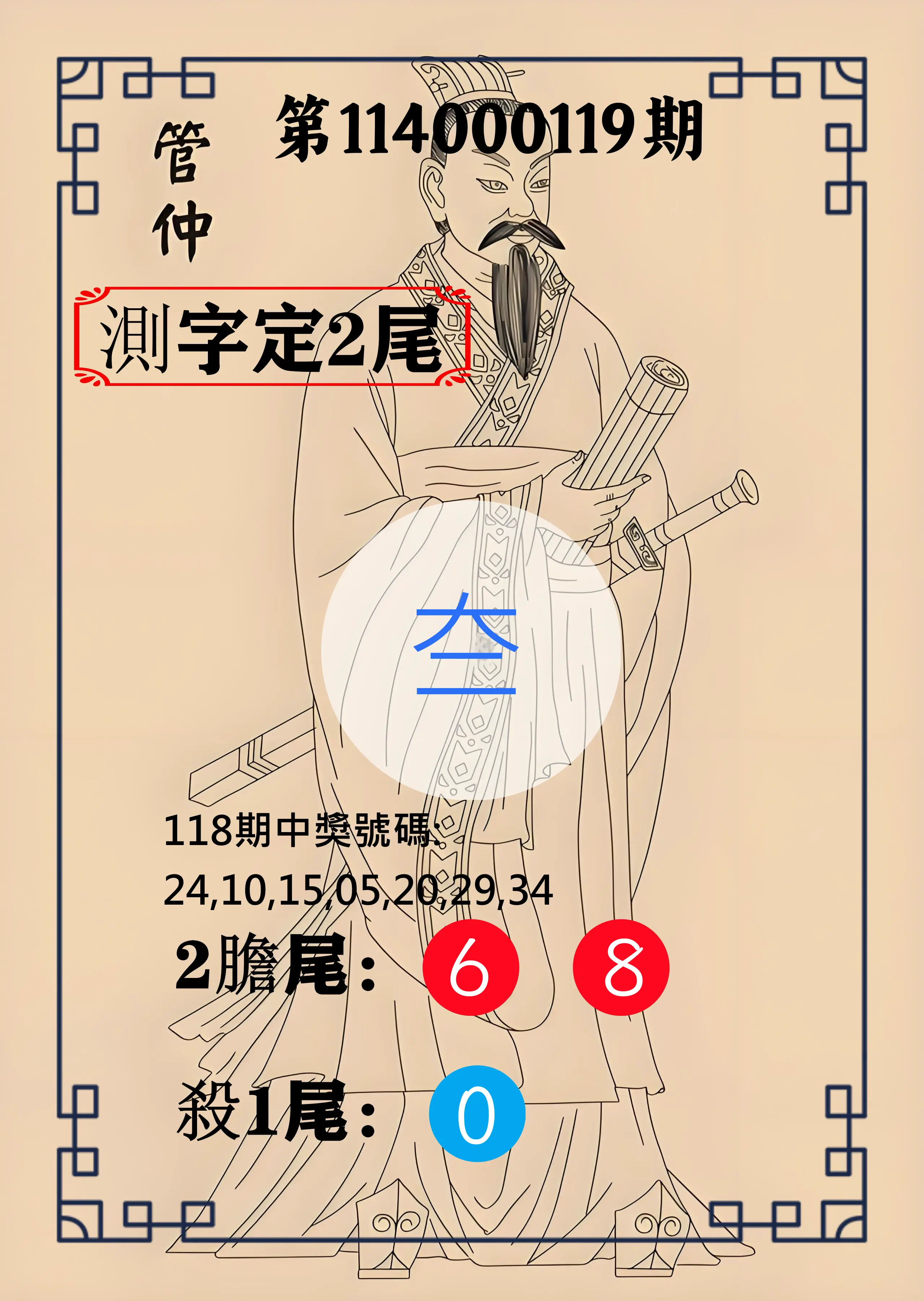 大樂透第114000119期(01/02)管仲測字定2尾