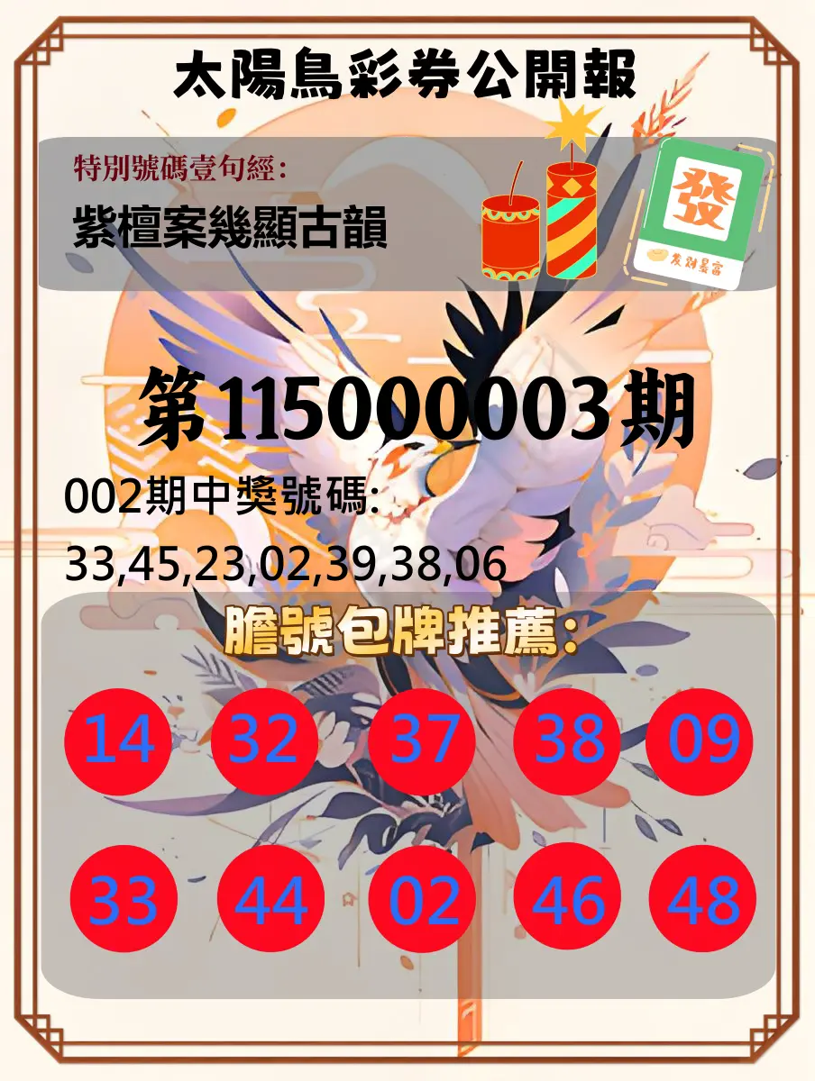 大樂透第115000003期(01/09)太陽鳥彩券公開報