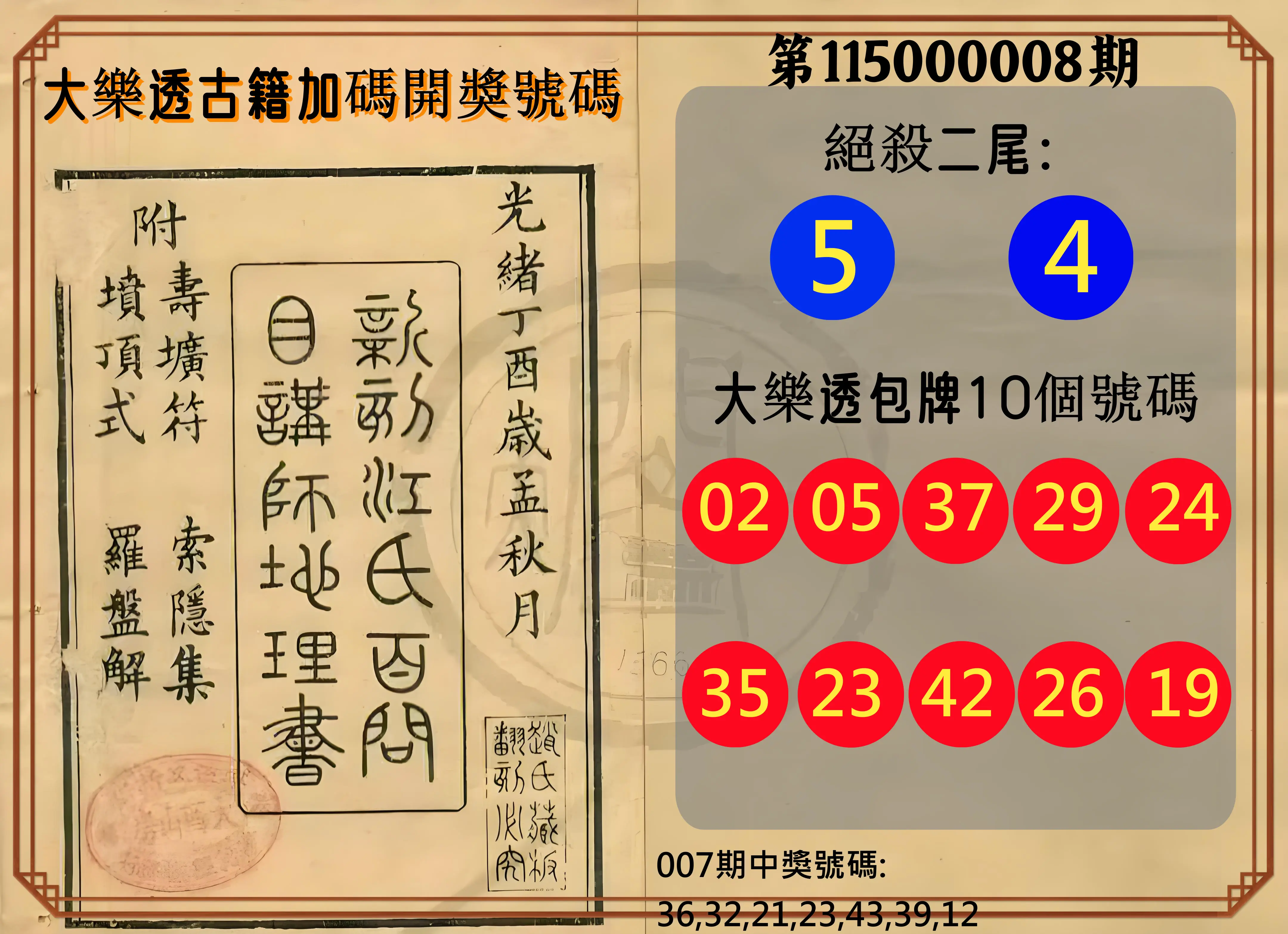 大樂透第115000008期(01/27)大樂透古籍加碼開獎號碼