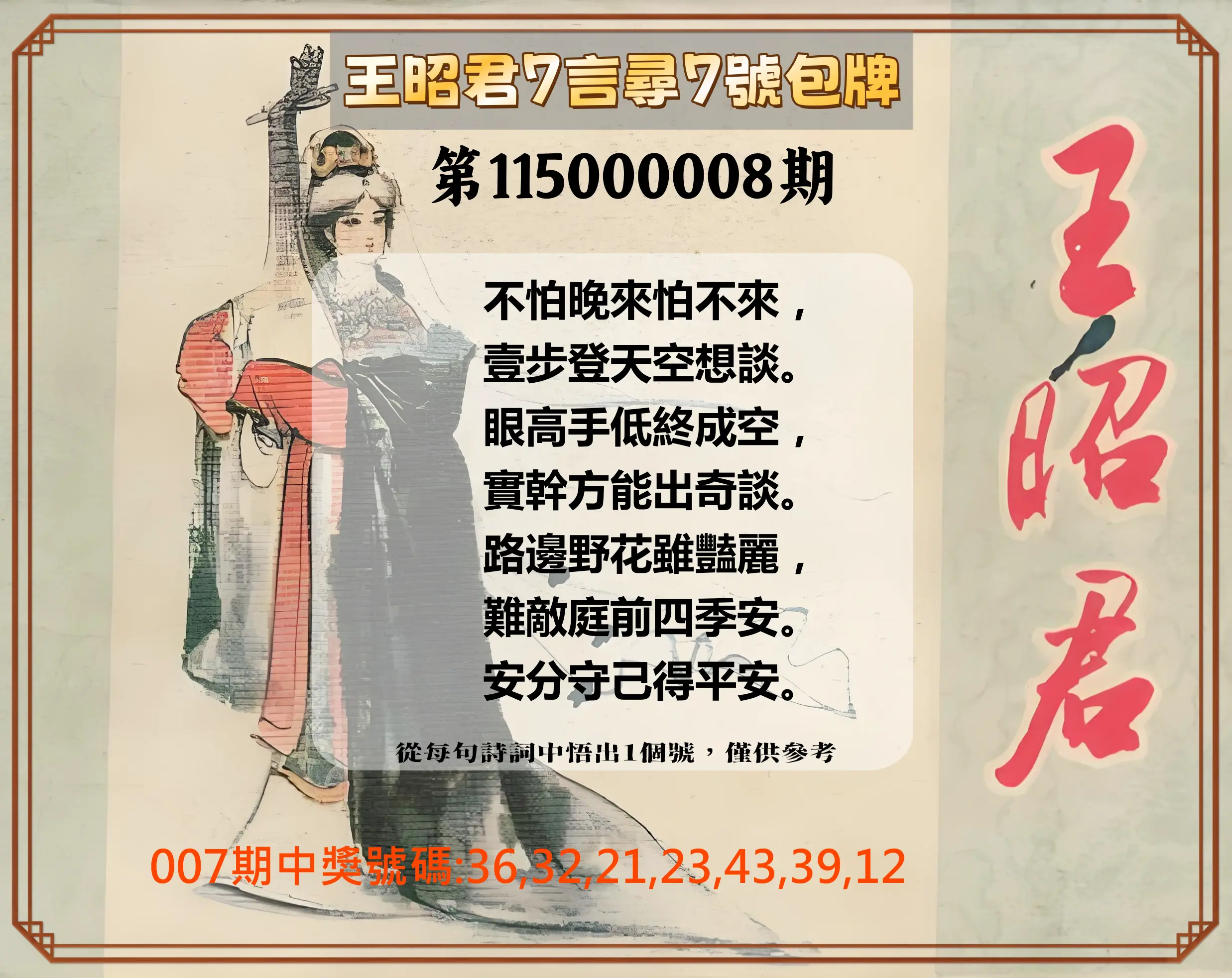 大樂透第115000008期(01/27)王昭君7言尋7號包牌