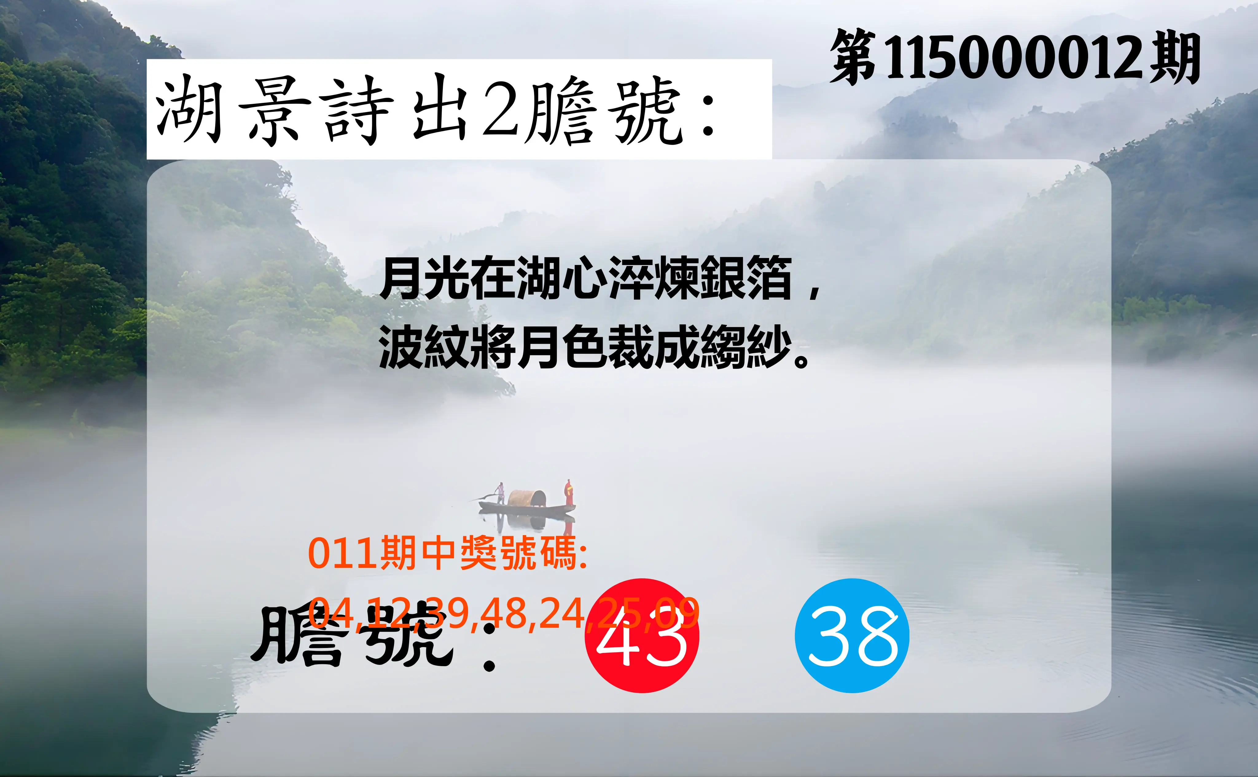 大樂透第115000012期(02/10)湖景詩出2膽號