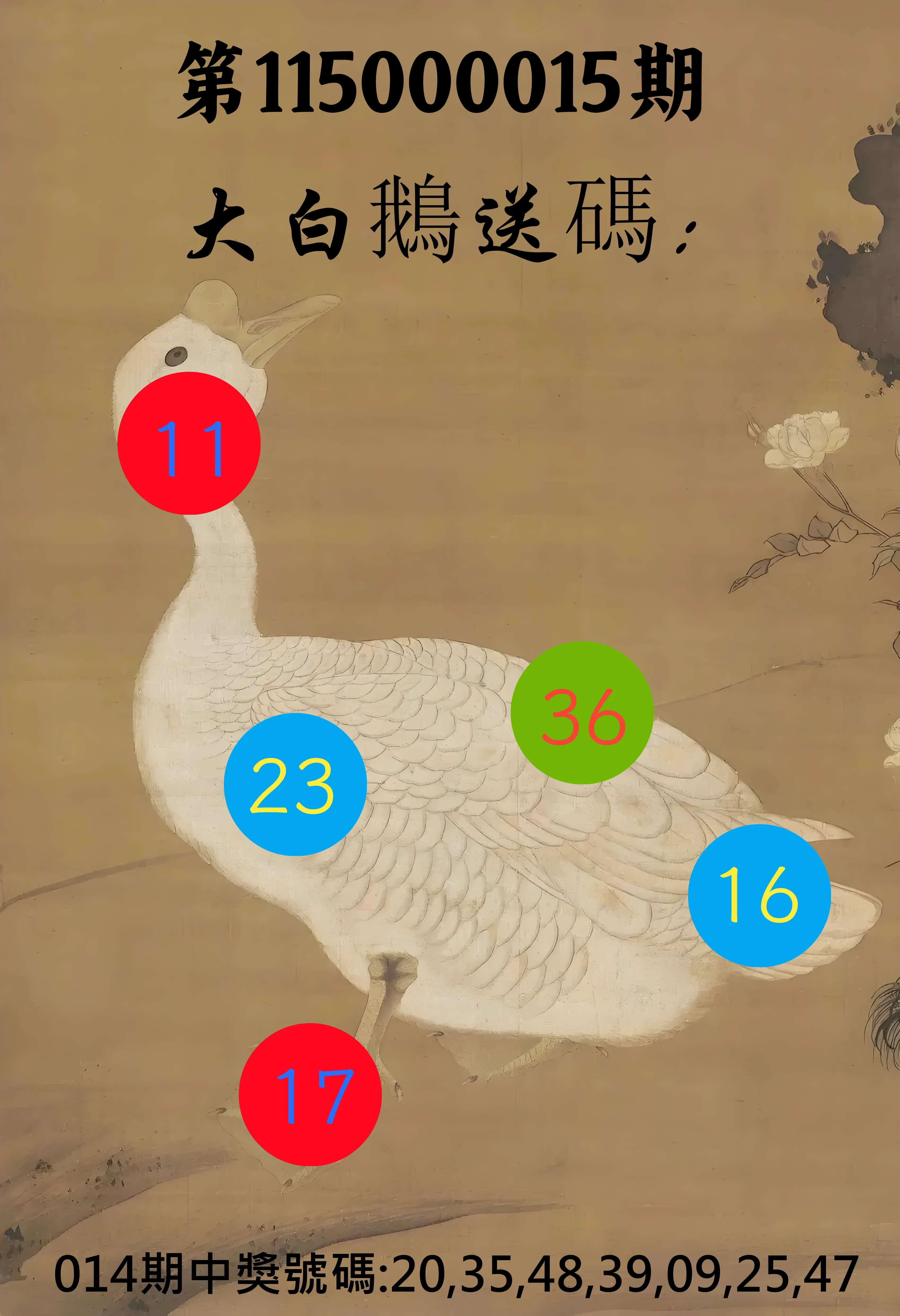 大樂透第115000015期(02/17)大白鵝送碼