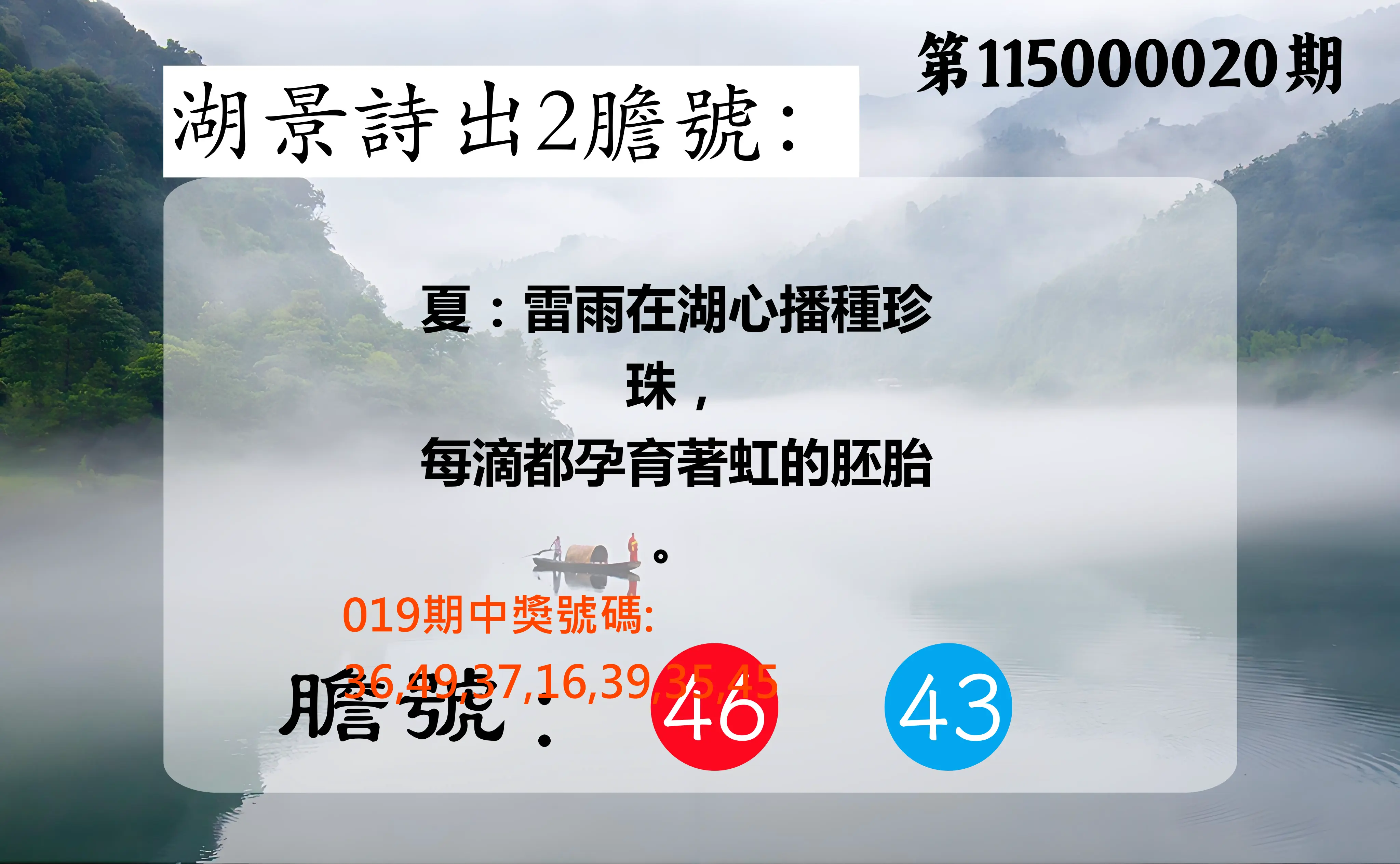 大樂透第115000020期(02/19)湖景詩出2膽號