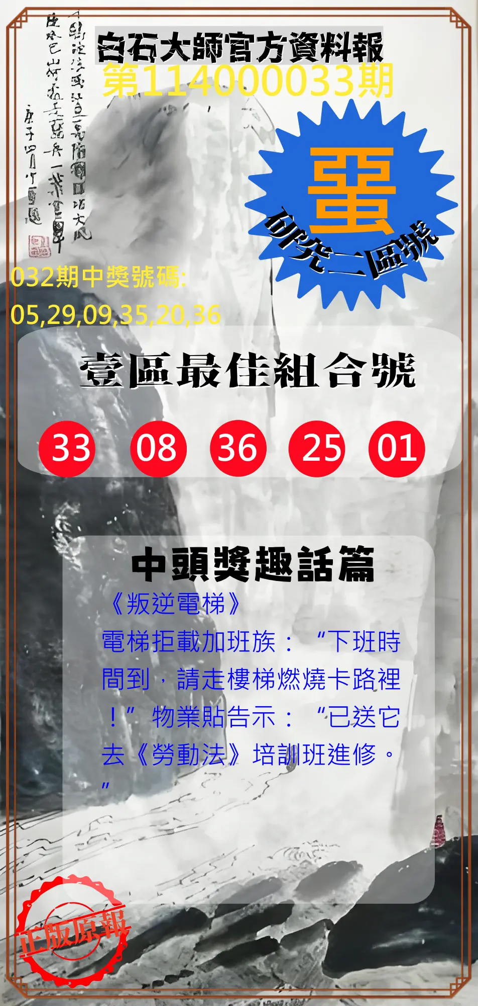 威力彩第114000033期白石大師官方資料報