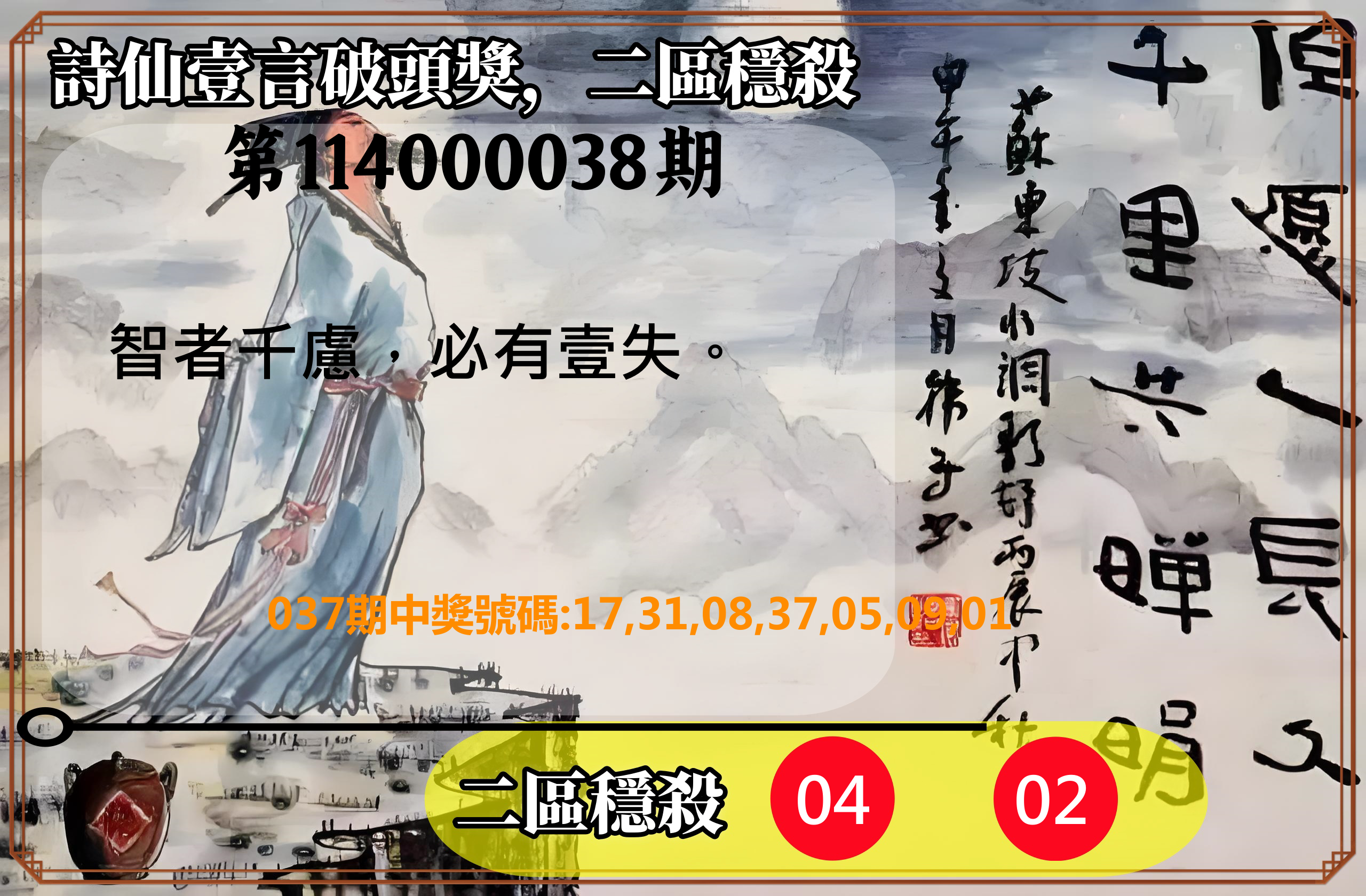 威力彩第114000038期詩仙壹言破頭獎，二區穩殺