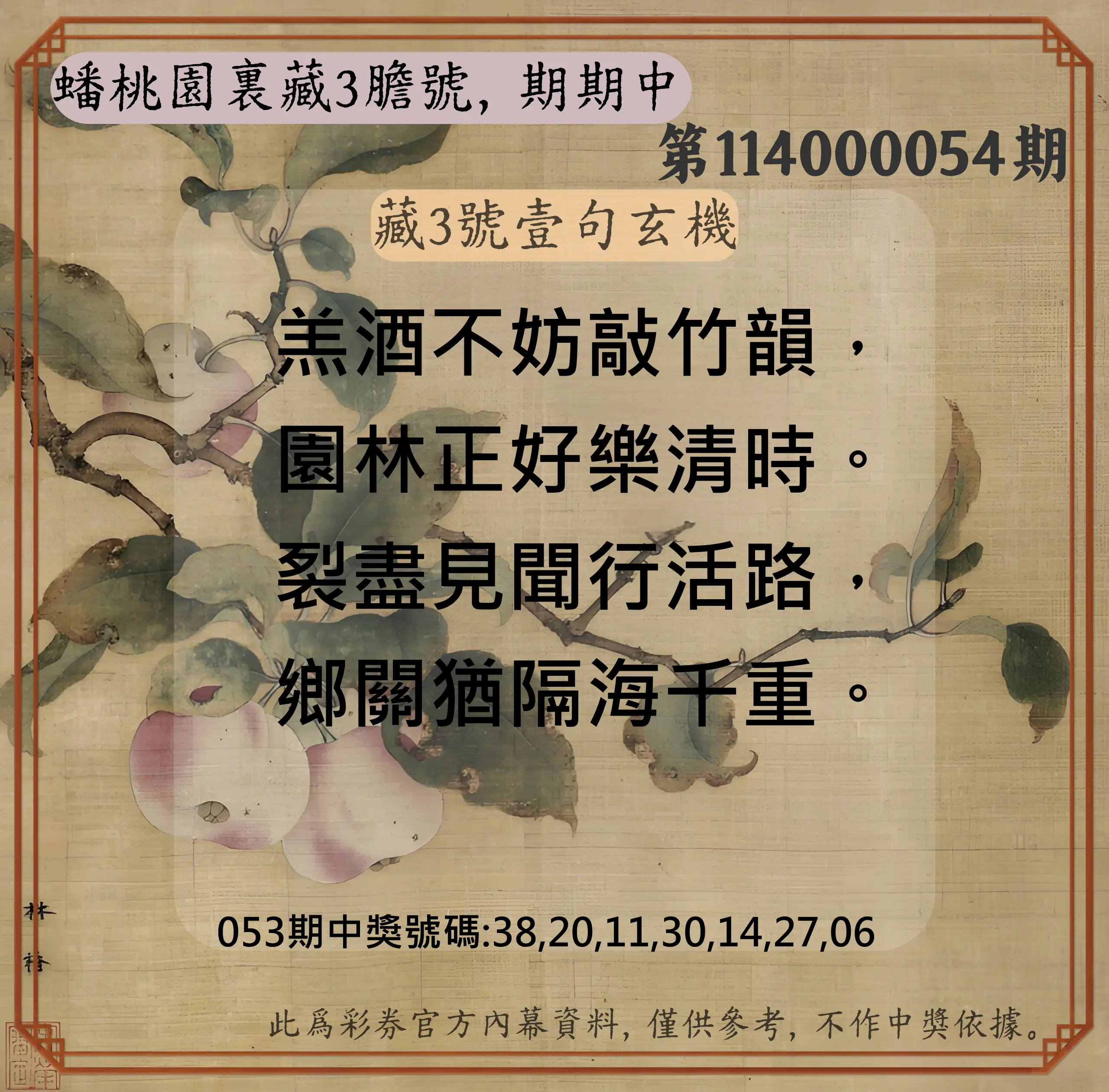 威力彩第114000054期(07/07)蟠桃園裏藏3膽號，期期中