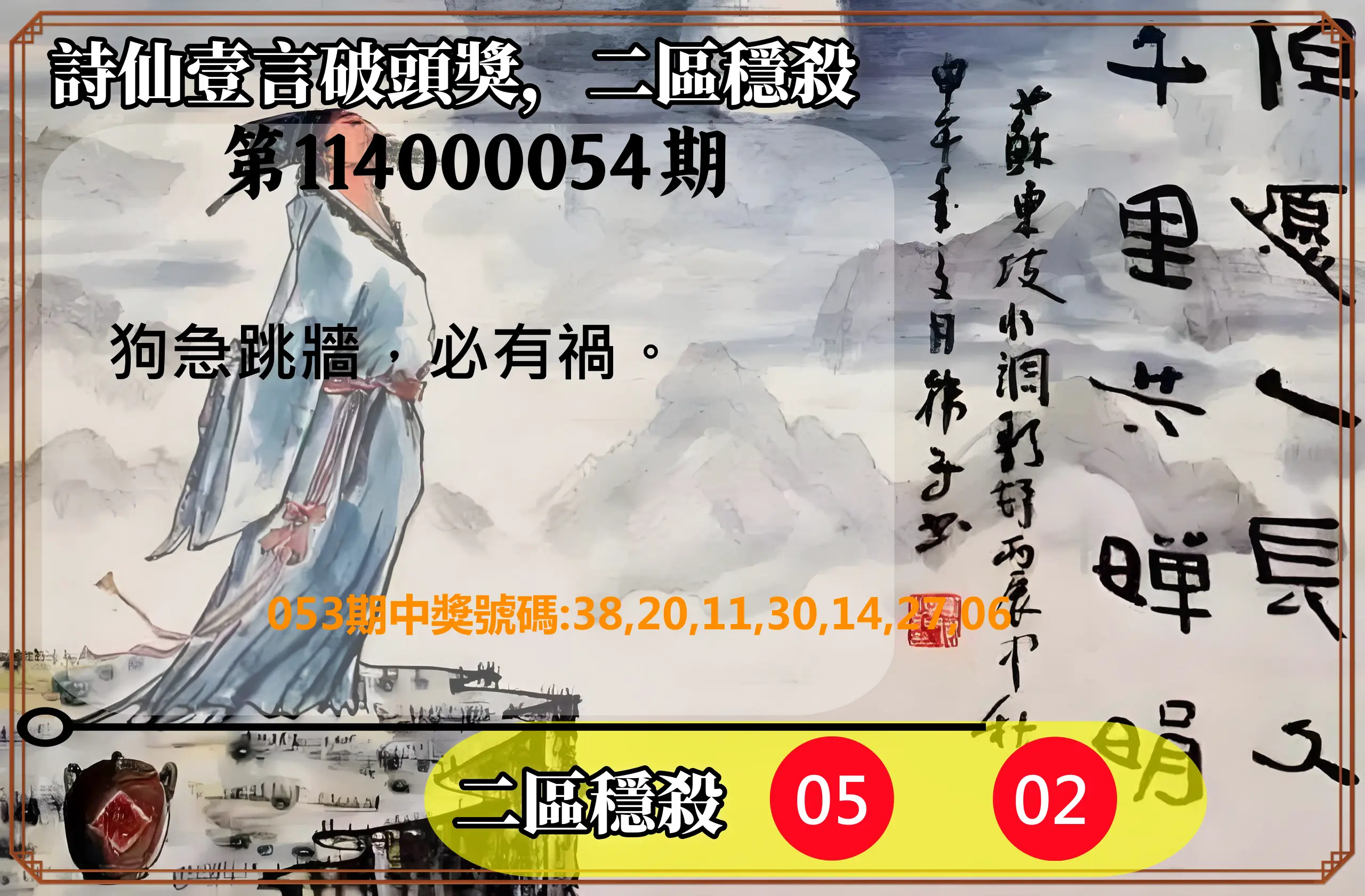 威力彩第114000054期(07/07)詩仙壹言破頭獎，二區穩殺
