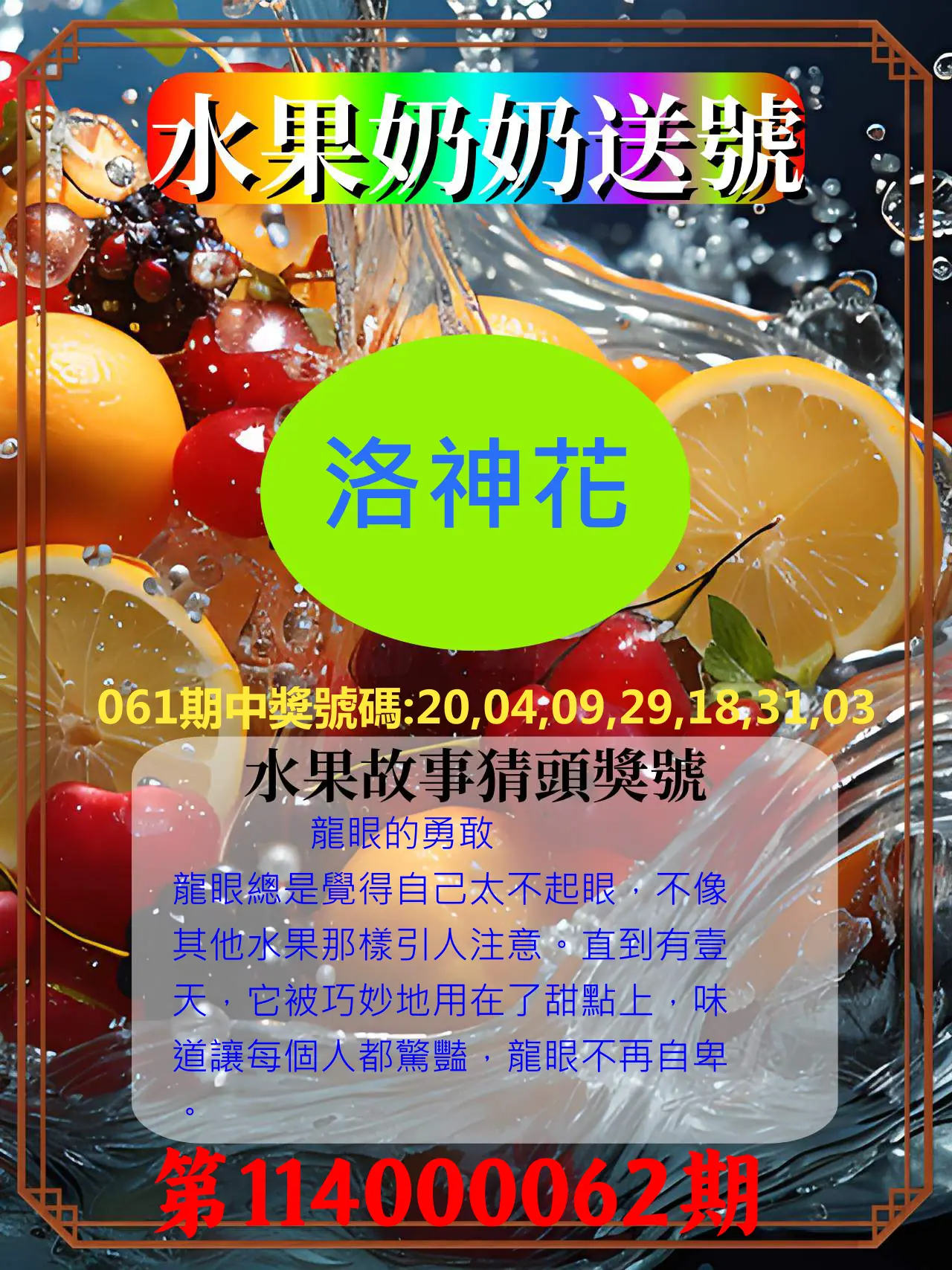 威力彩第114000062期(08/04)水果奶奶送號