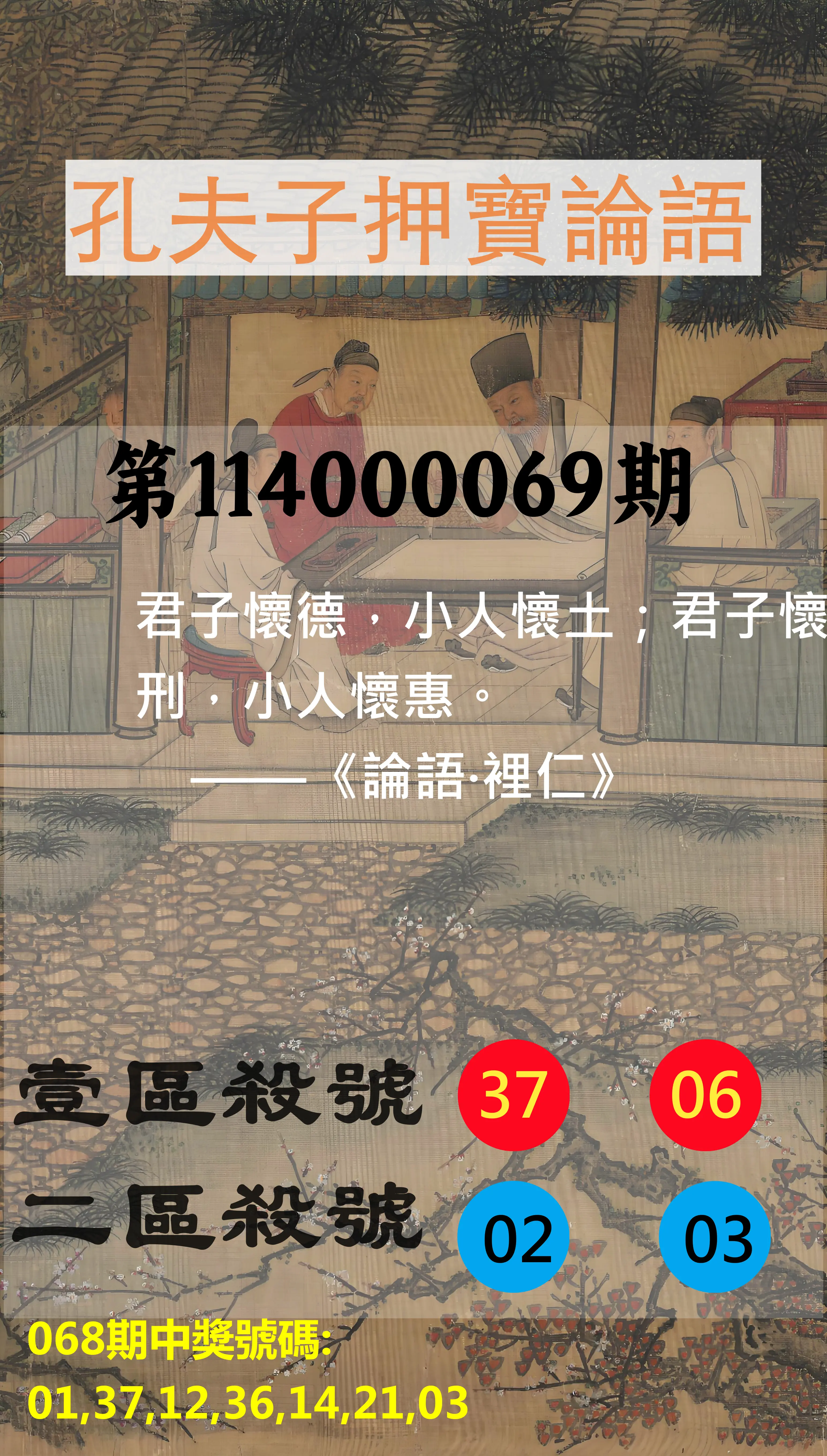 威力彩第114000069期(08/28)孔夫子押寶論語