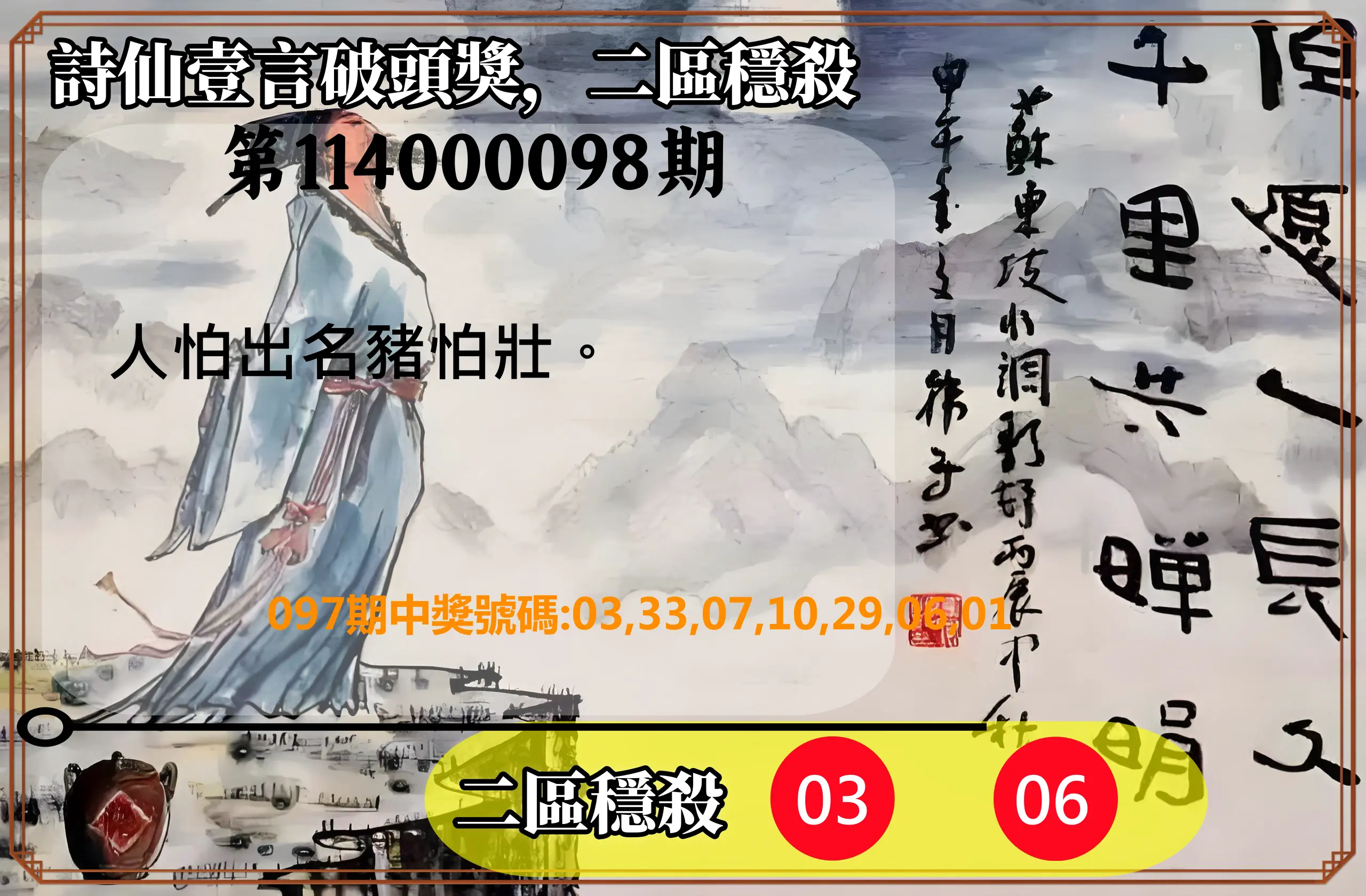 威力彩第114000098期(12/08)詩仙壹言破頭獎，二區穩殺