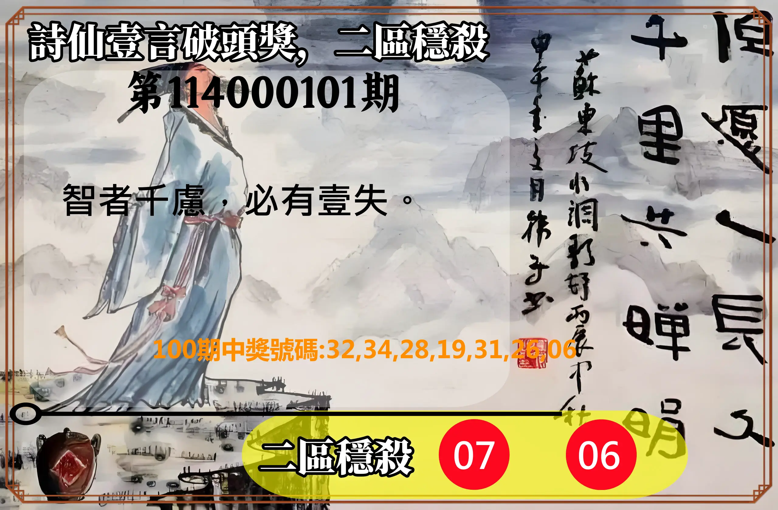 威力彩第114000101期(12/18)詩仙壹言破頭獎，二區穩殺