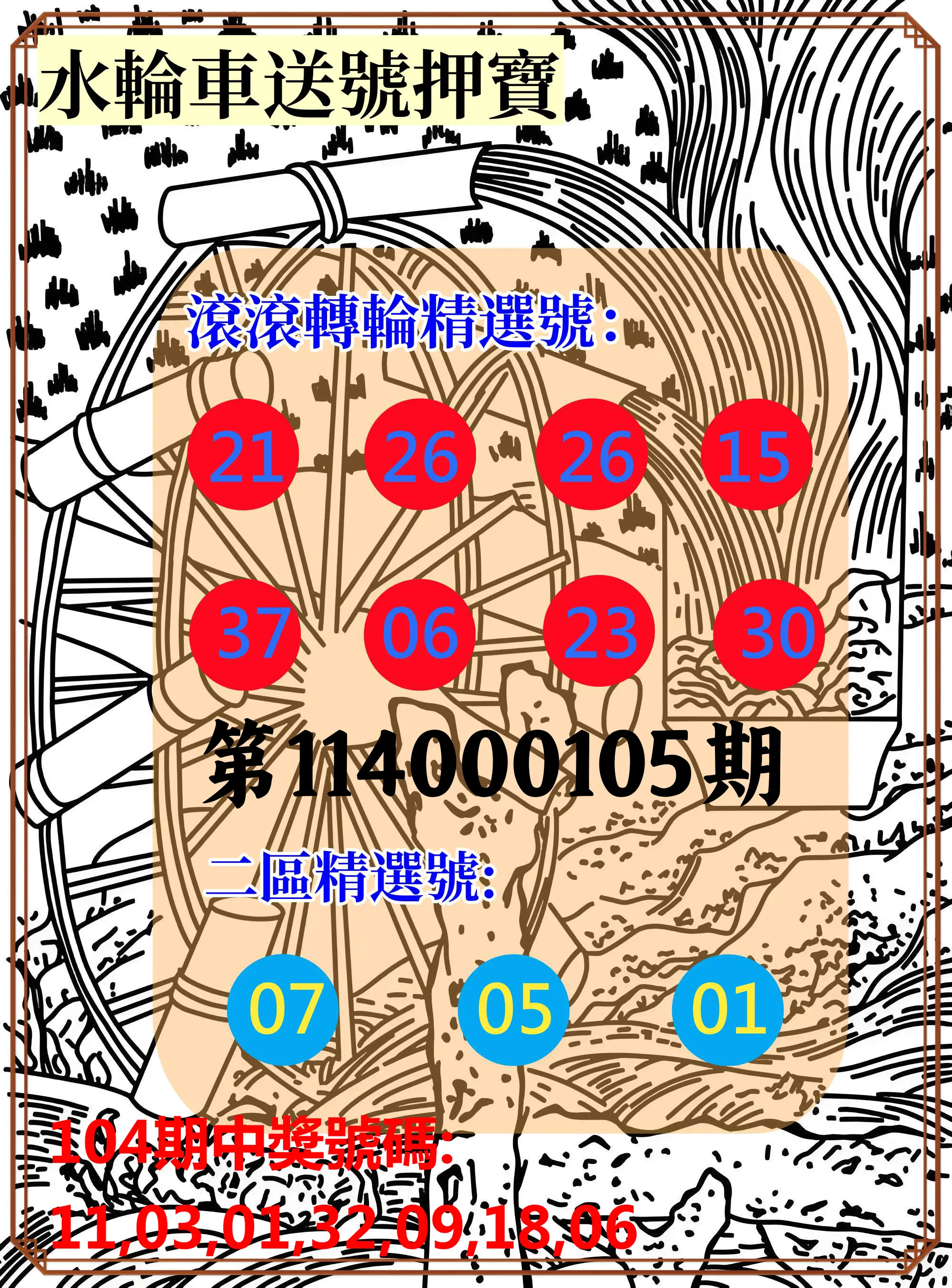 威力彩第114000105期(01/01)水輪車送號押寶