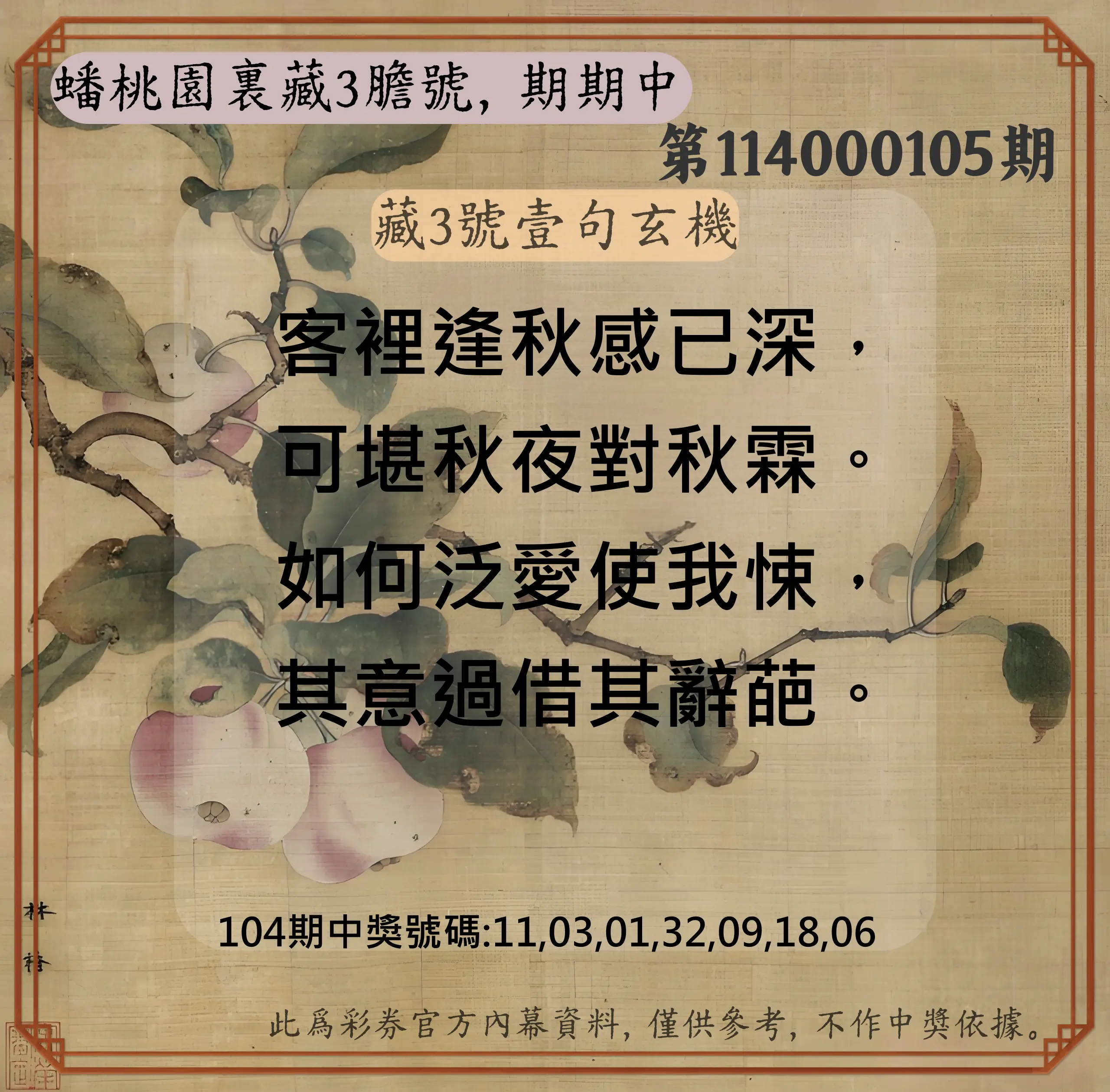 威力彩第114000105期(01/01)蟠桃園裏藏3膽號，期期中