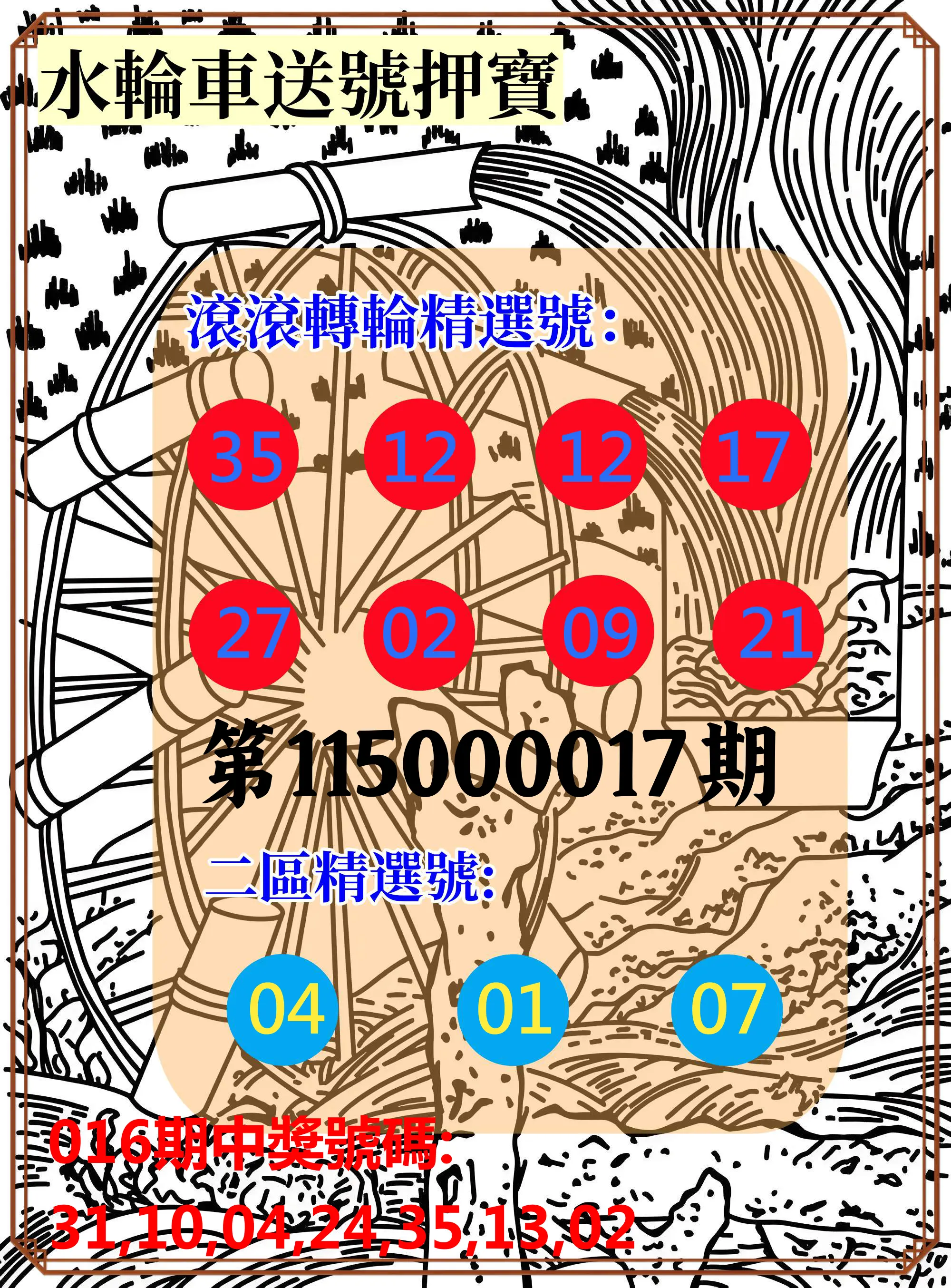 威力彩第115000017期(02/26)水輪車送號押寶