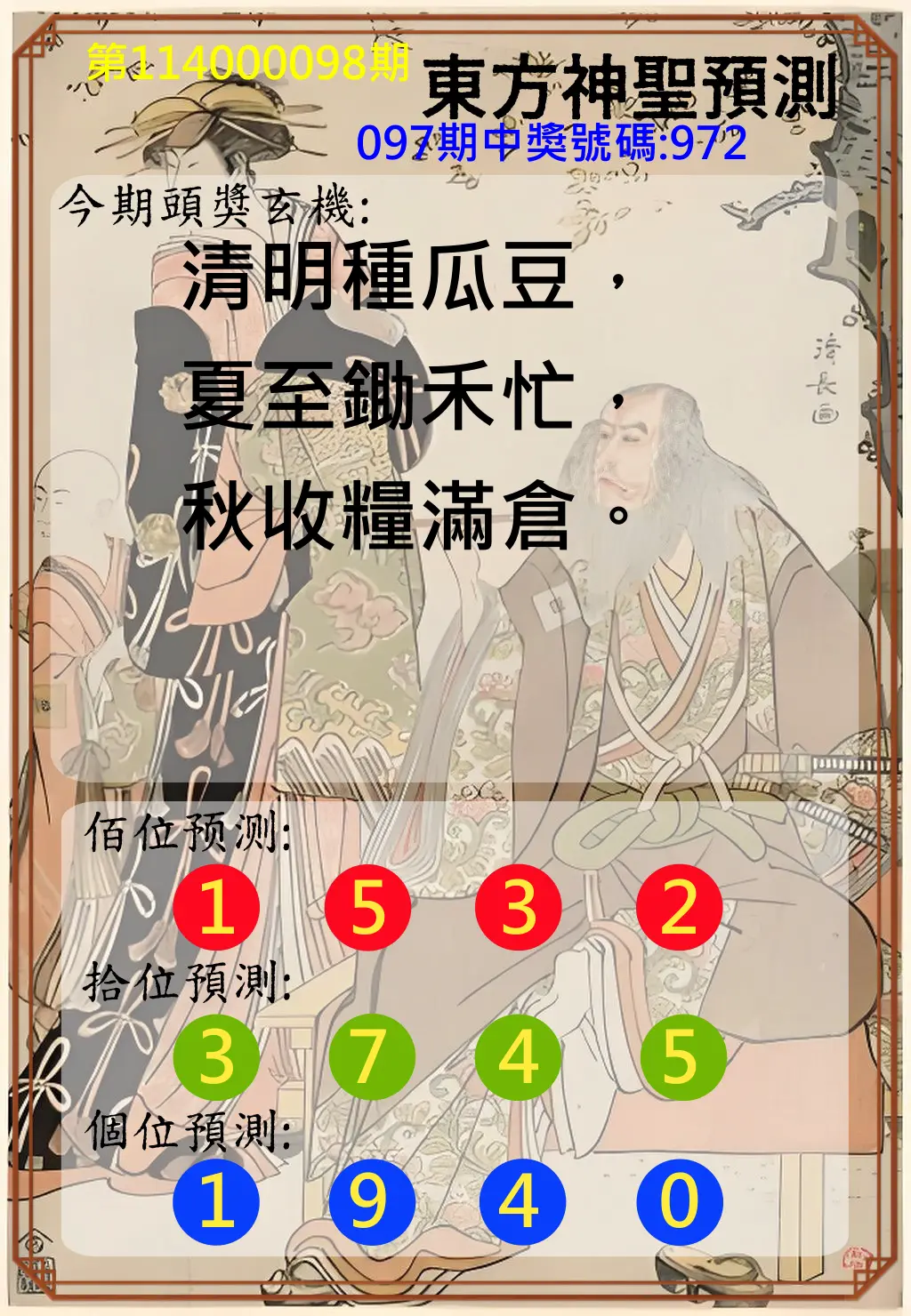 3星彩第114000098期東方神聖預測