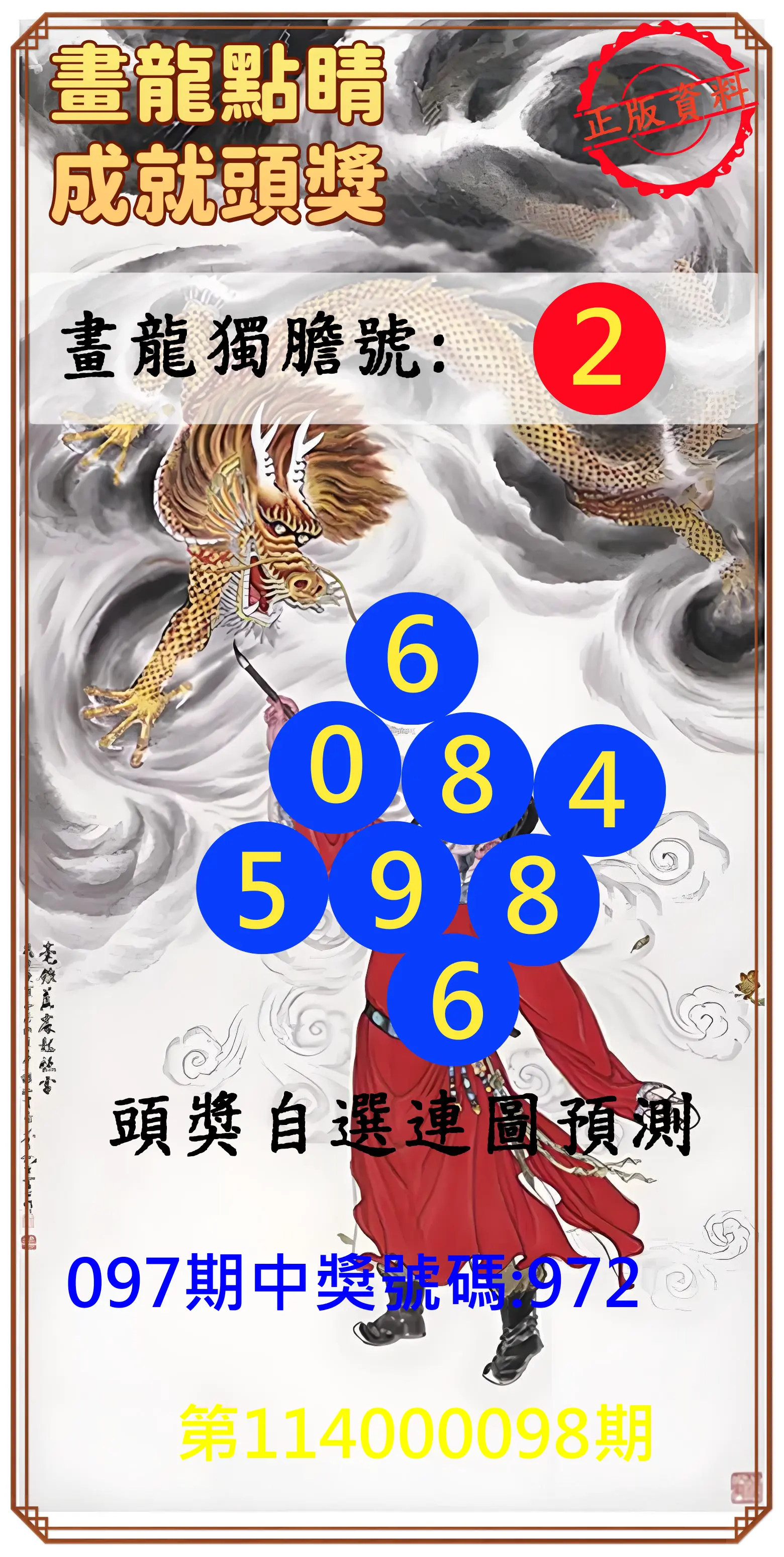 3星彩第114000098期畫龍點睛成就頭獎