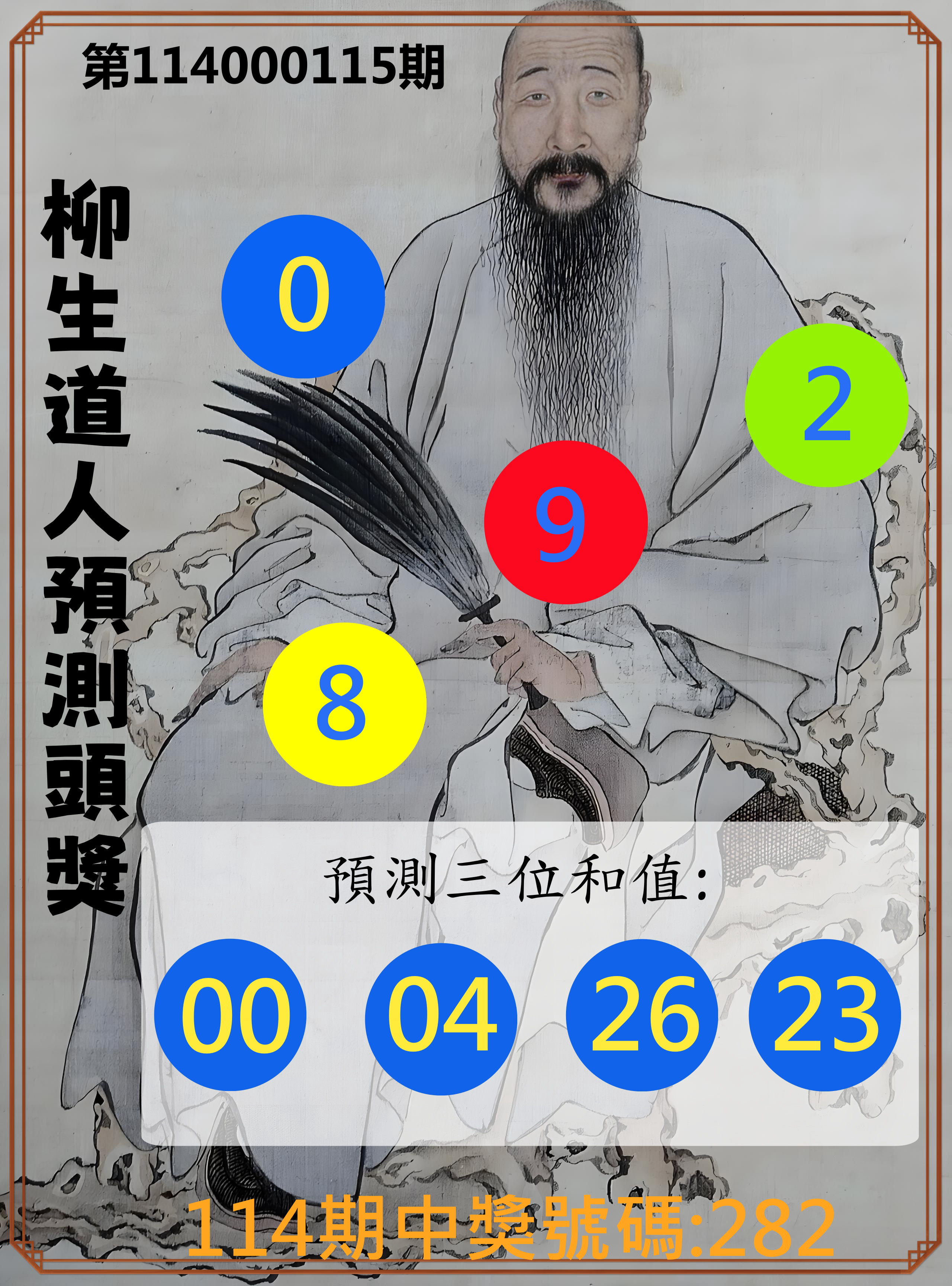 3星彩第114000115期柳生道人預測頭獎