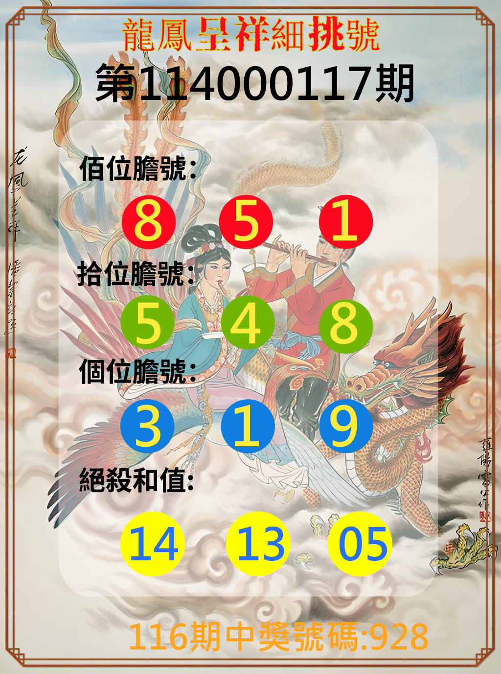 3星彩第114000117期龍鳳呈祥細挑號