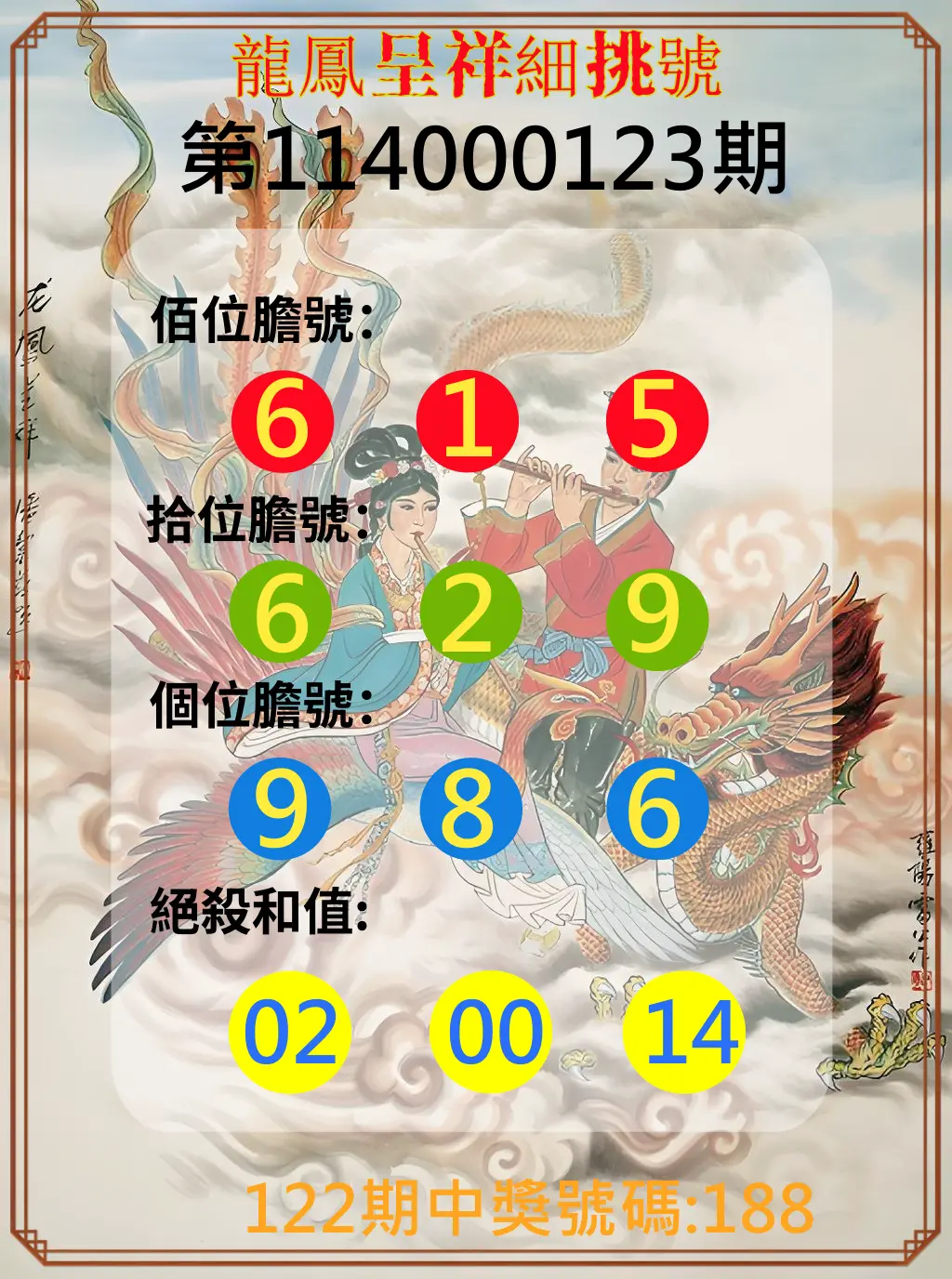 3星彩第114000123期龍鳳呈祥細挑號