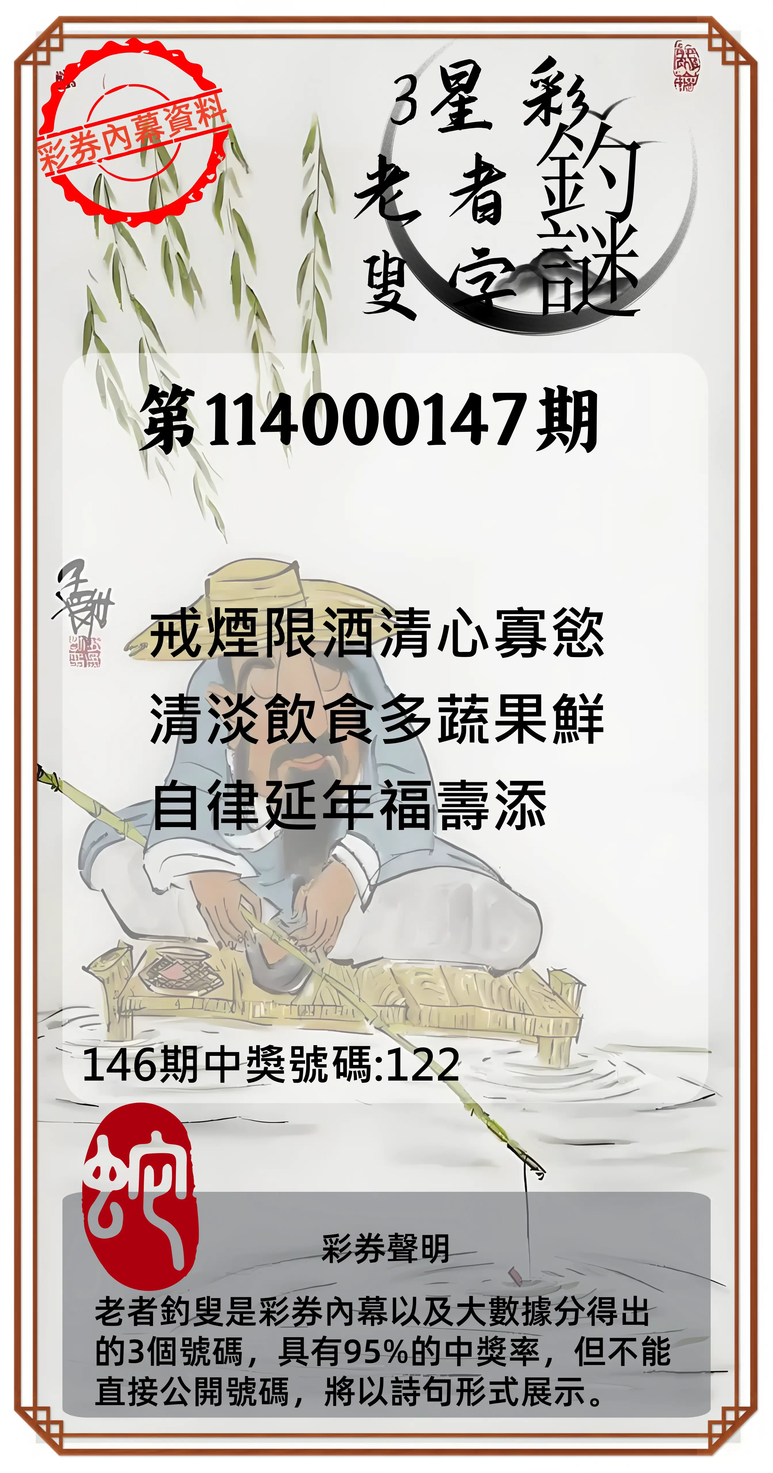3星彩第114000147期老者釣叟頭獎