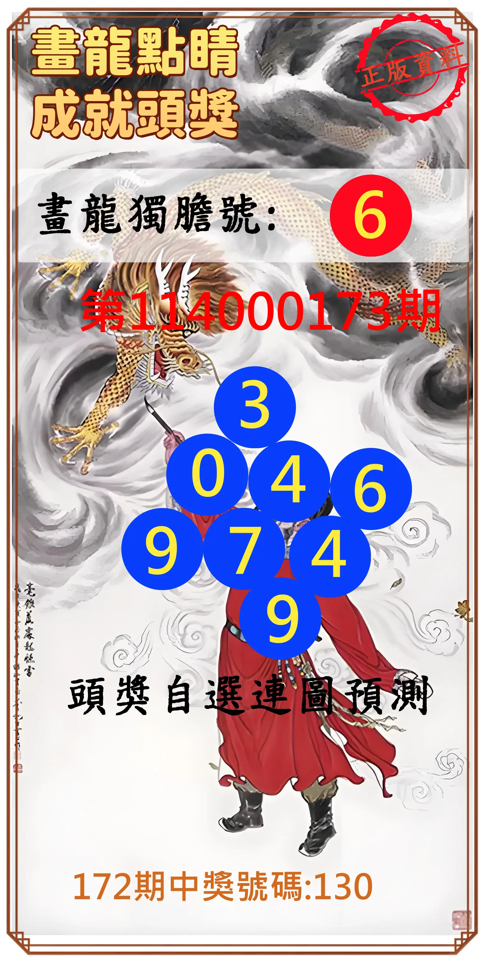 3星彩第114000173期(07/17)畫龍點睛成就頭獎