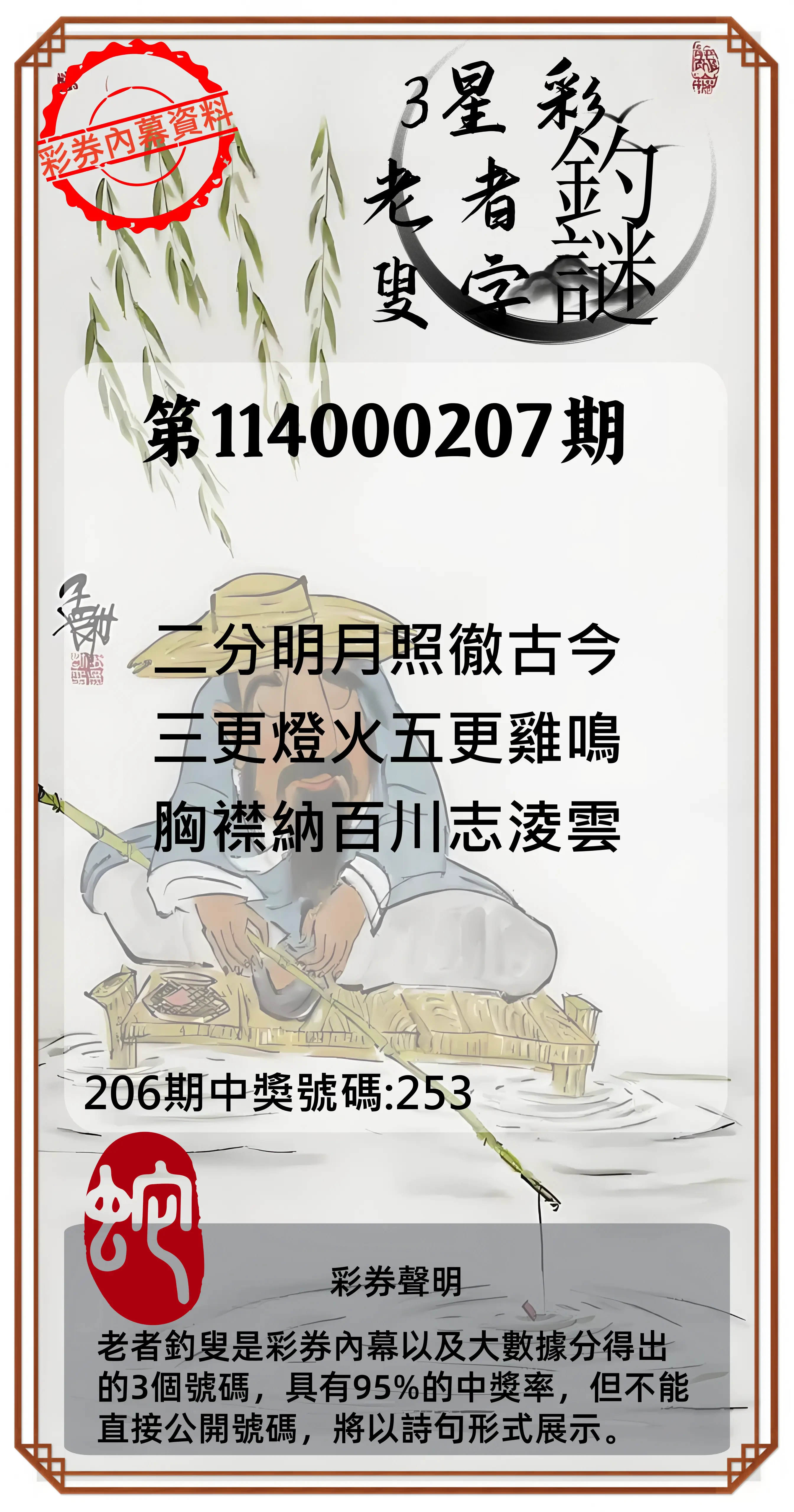 3星彩第114000207期(08/26)老者釣叟頭獎