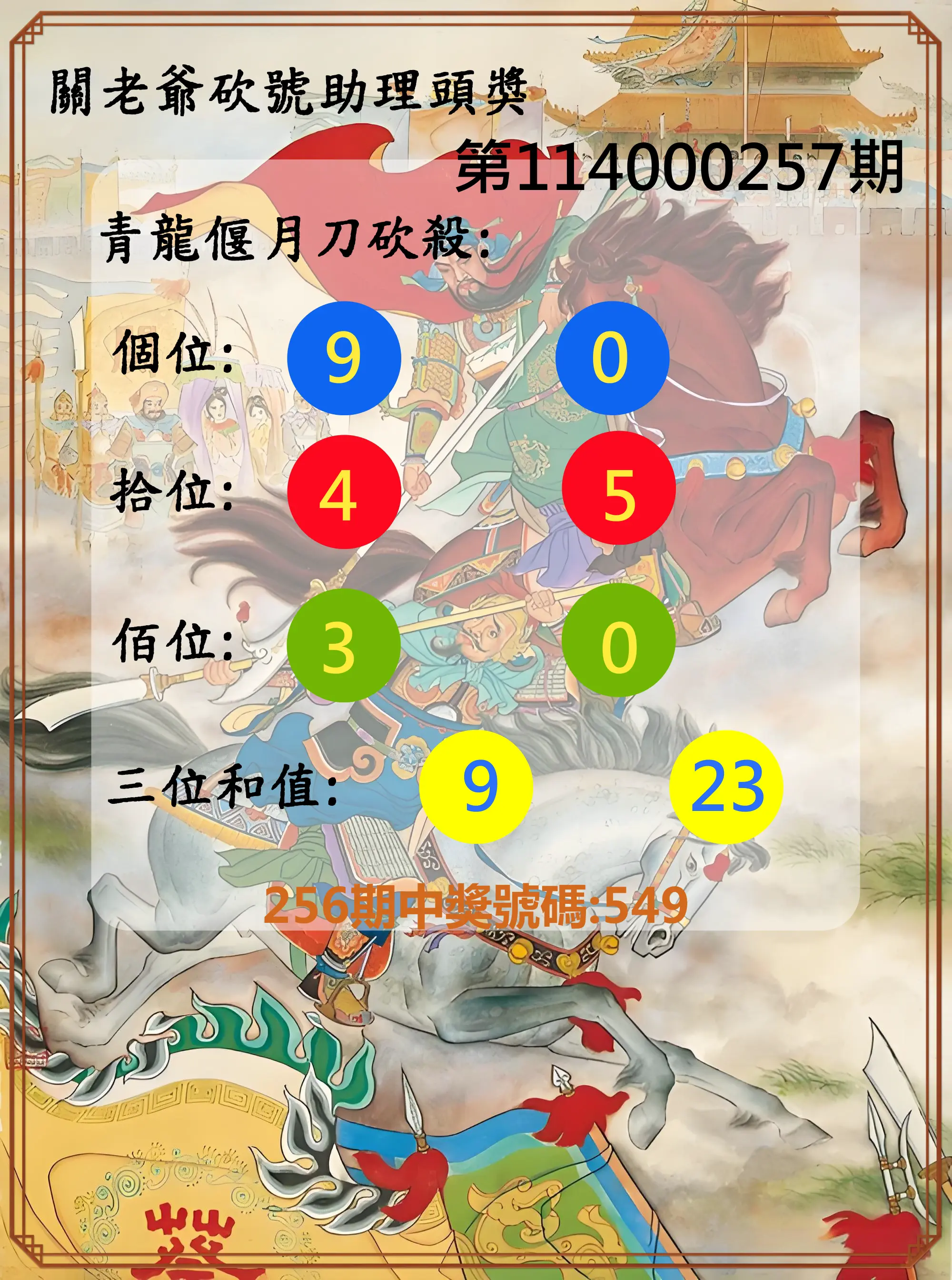 3星彩第114000257期(10/23)關老爺砍號助理頭獎