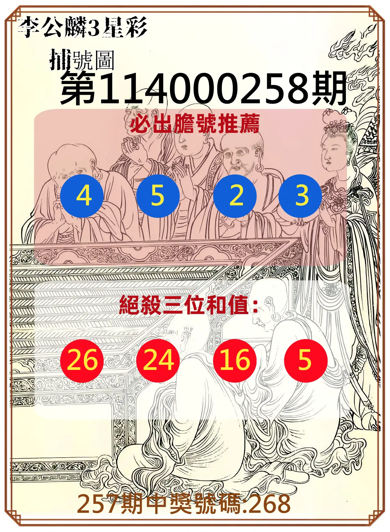 3星彩第114000258期(10/24)李公麟3星彩捕號圖