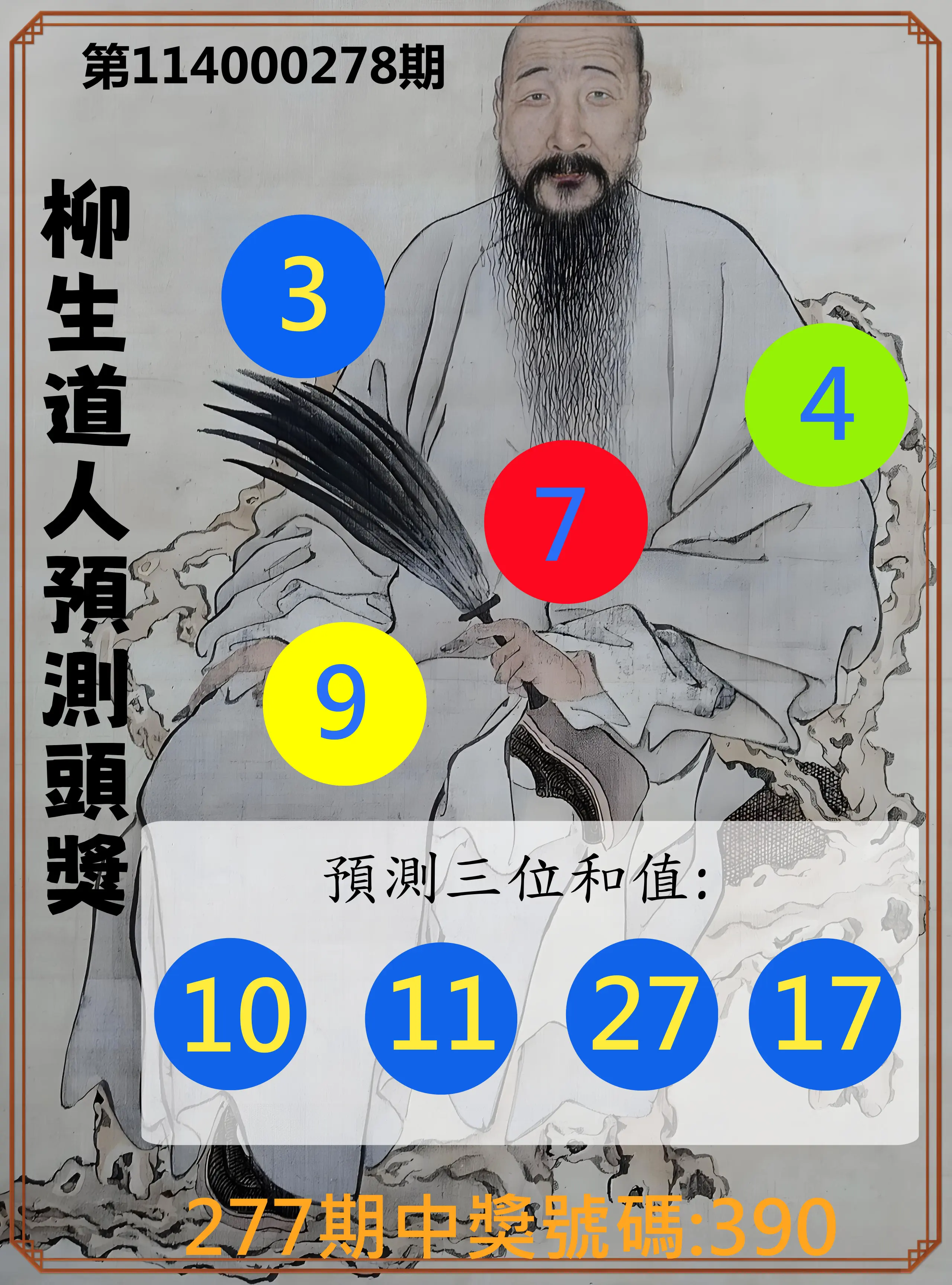 3星彩第114000278期(11/17)柳生道人預測頭獎
