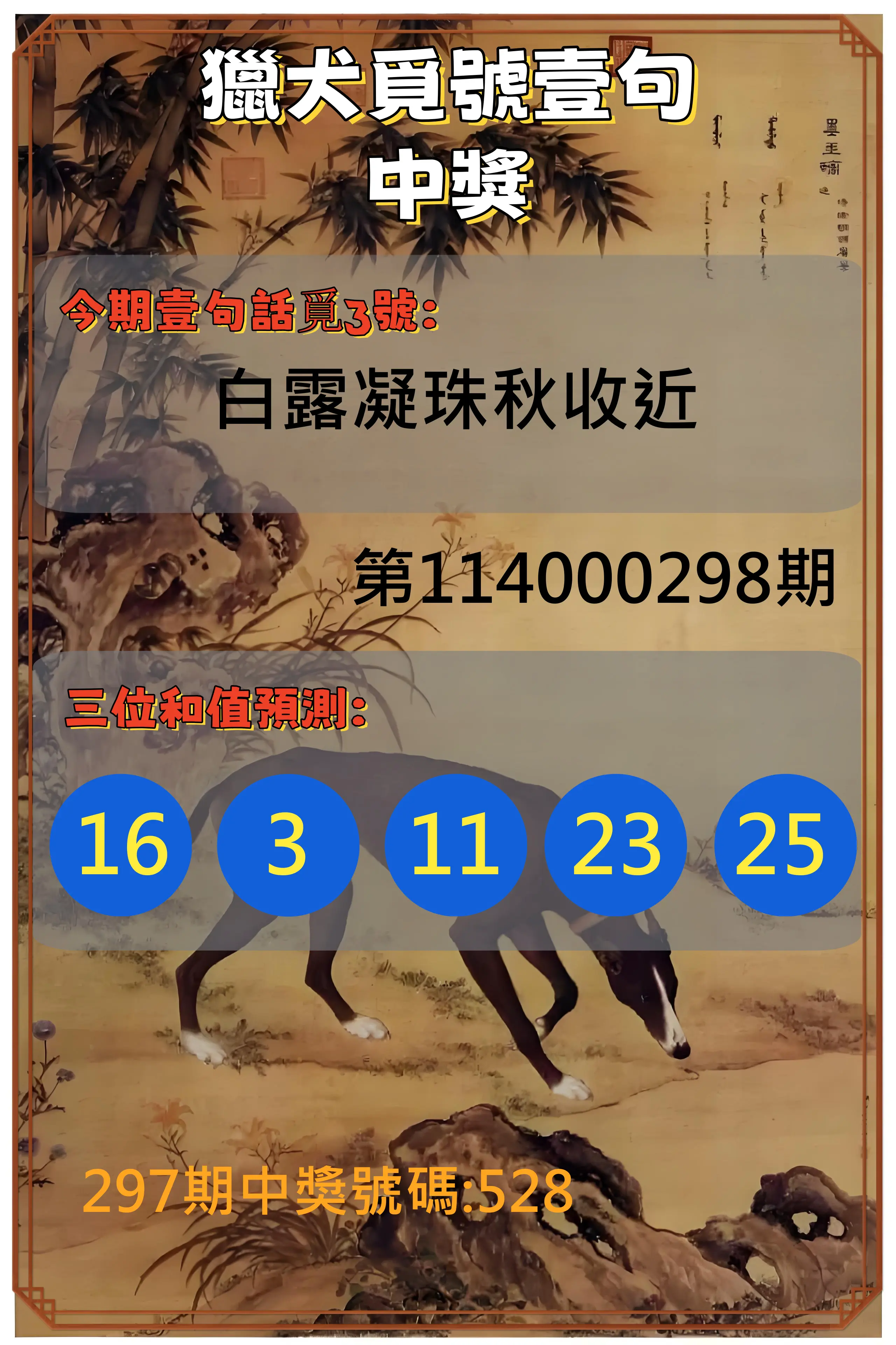 3星彩第114000298期(12/10)獵犬覓號壹句中獎