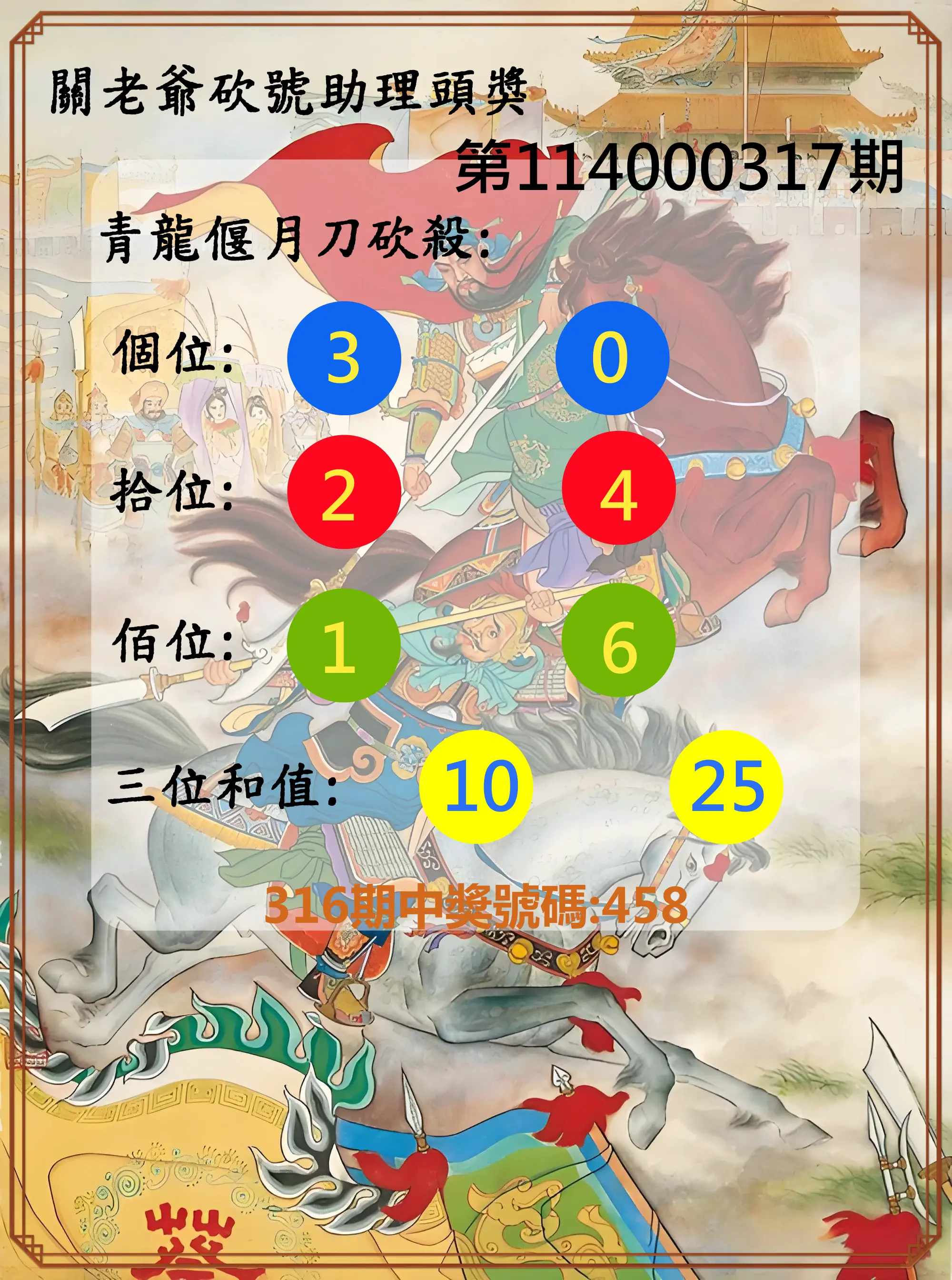 3星彩第114000317期(01/01)關老爺砍號助理頭獎